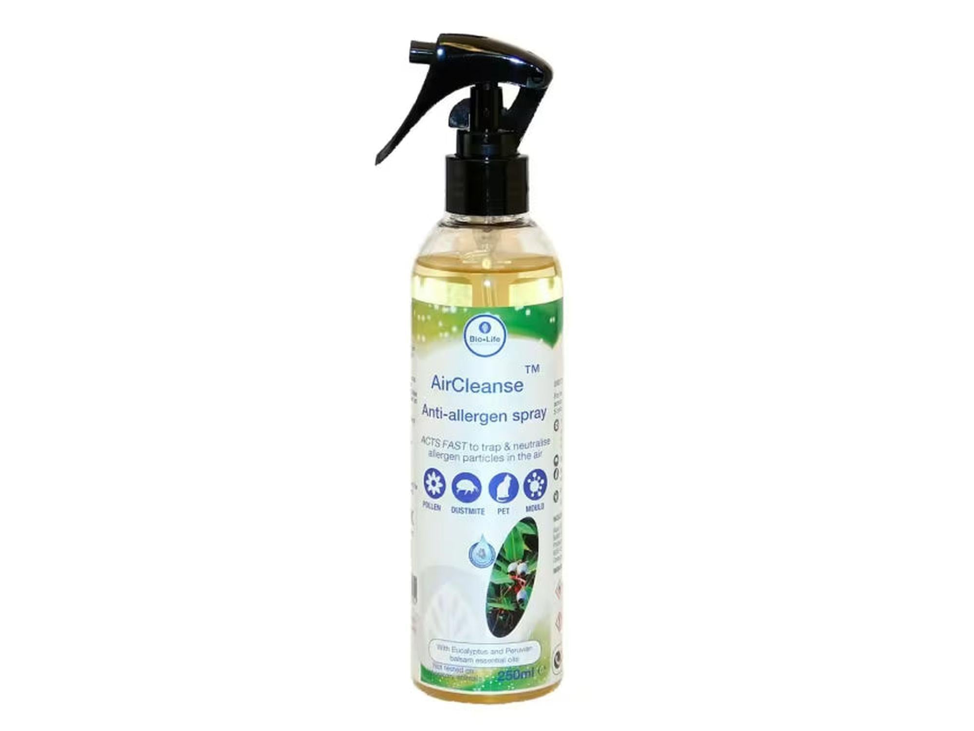 Bio-Life AirCleanse anti-allergen spray, 250ml clear bottle with black trigger sprayer and yellow liquid.