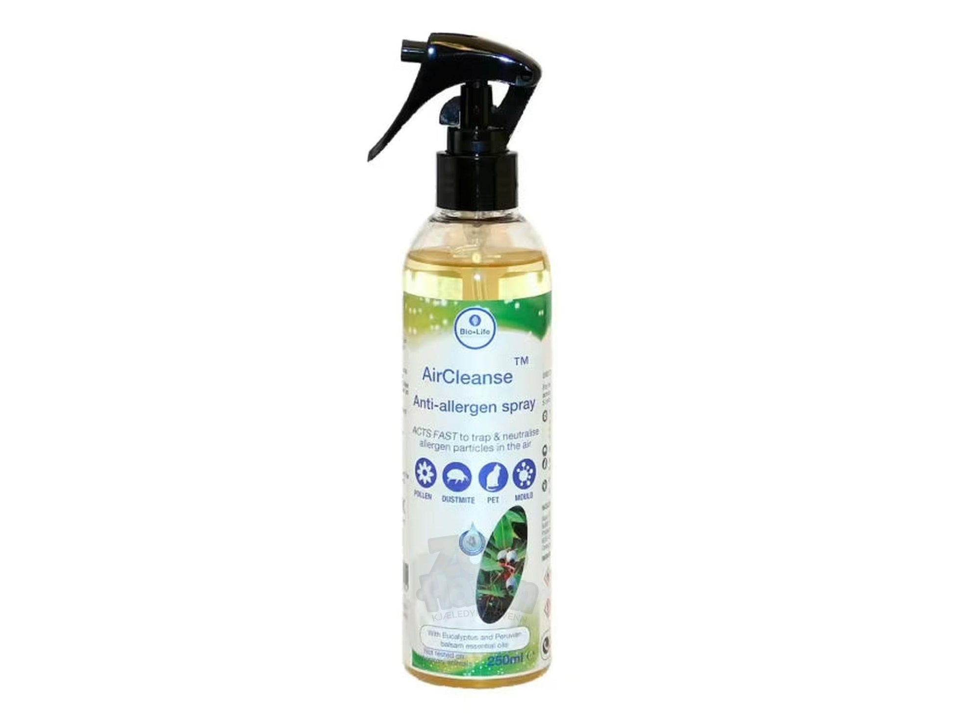 Bio-Life AirCleanse anti-allergen spray, 250ml clear bottle with black trigger sprayer and yellow liquid.