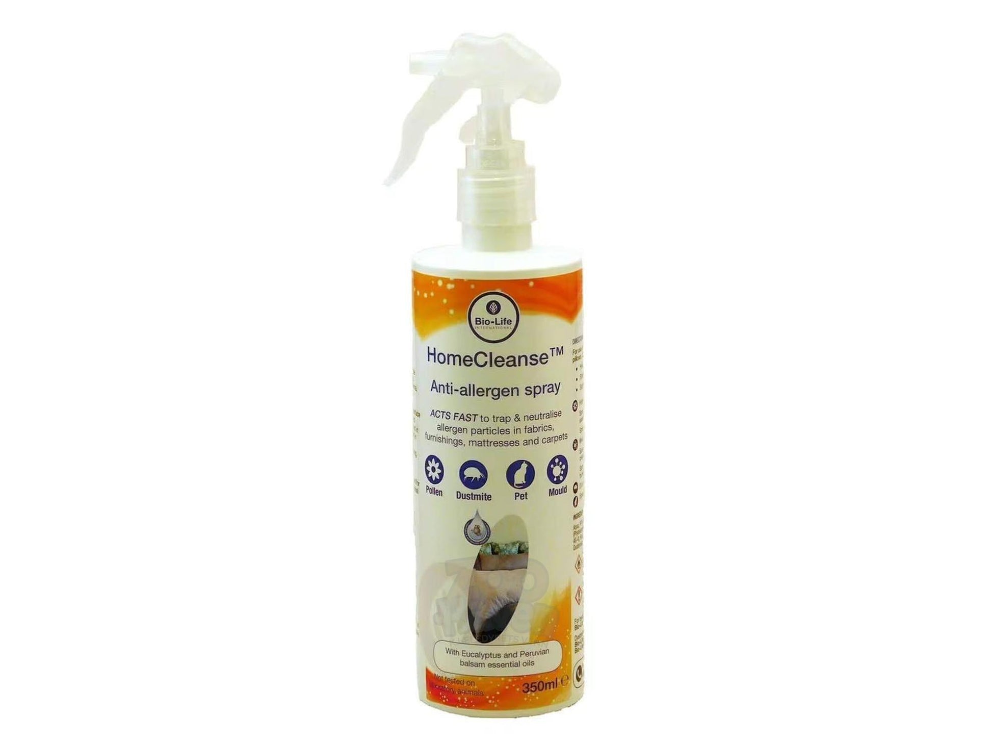 Hvit Bio-Life HomeCleanse anti-allergen sprayflaske, 350 ml, med oransje og blå etikett.