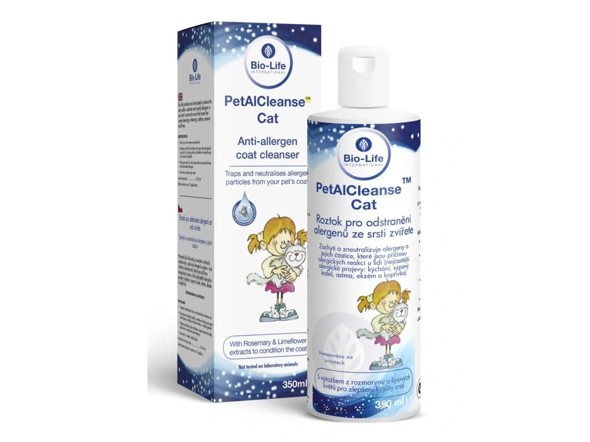 Bio-Life PetAlCleanse Cat allergireduserende pelsrens 350 ml flaske og eske med tegneseriefigur.