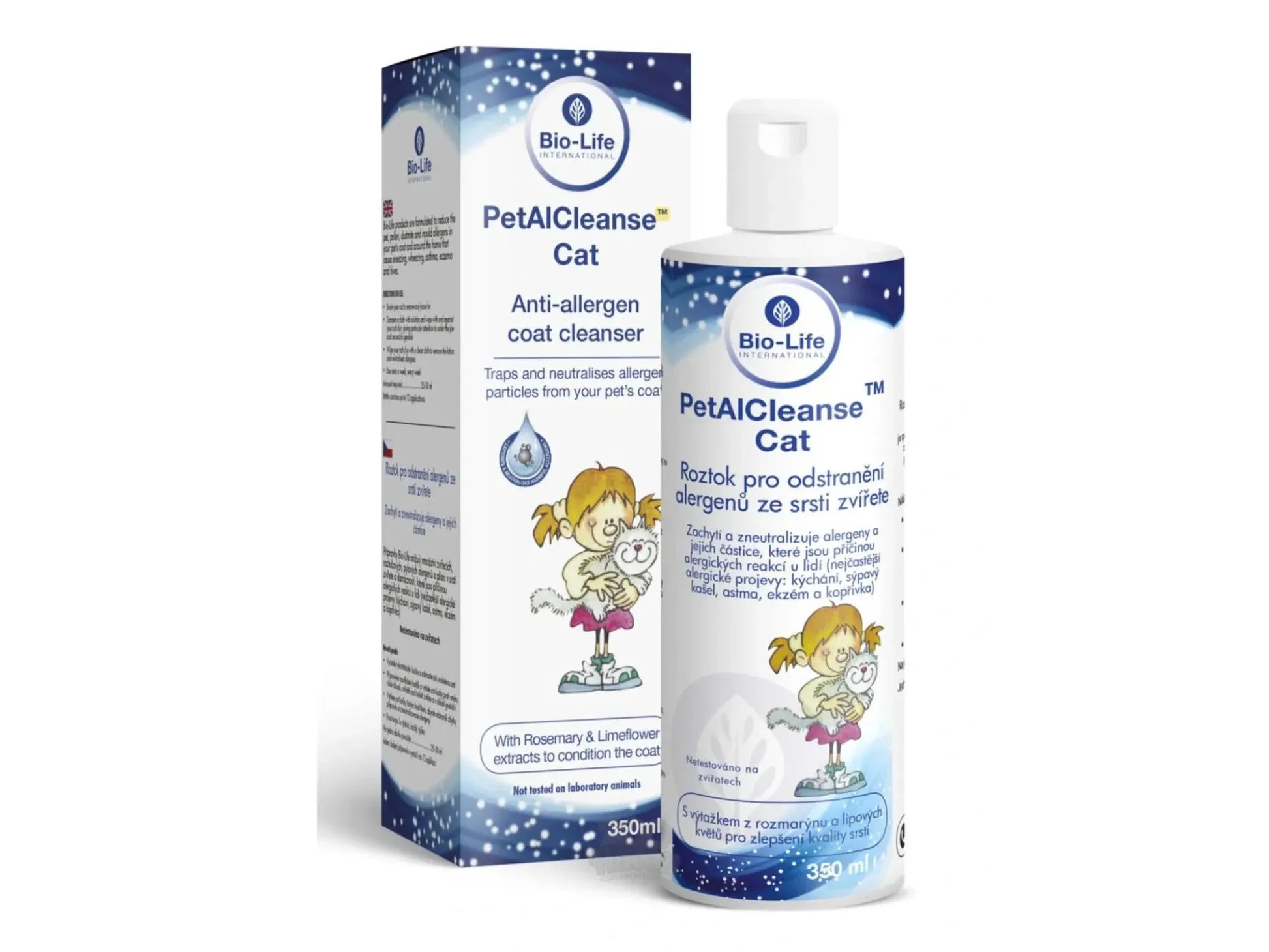 Bio-Life PetAlCleanse Cat allergireduserende pelsrens 350 ml flaske og eske med tegneseriefigur.