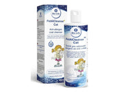 Bio-Life PetAlCleanse Cat allergireduserende pelsrens 350 ml flaske og eske med tegneseriefigur.