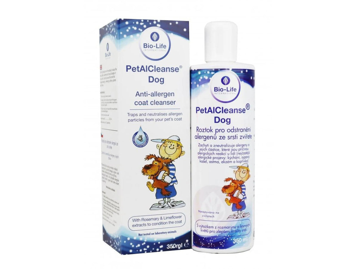 Bio-Life PetAlCleanse Dog 350 ml flaske og eske, hvit med blått design og tegneseriefigur.