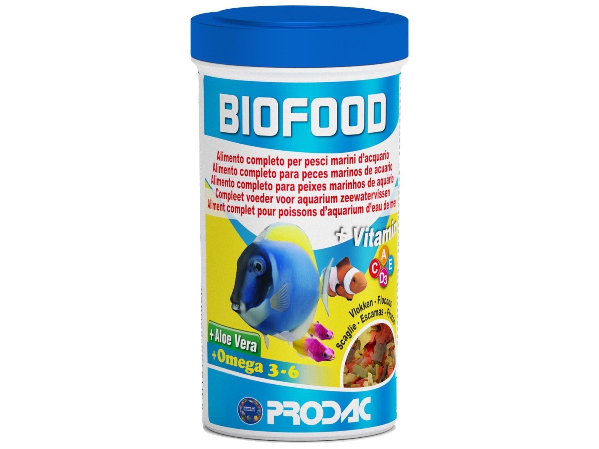 BioFood Flakes 250ml - 50gr fiskefôr i hvit beholder med blått lokk, viser en blå tang og fôrflak.
