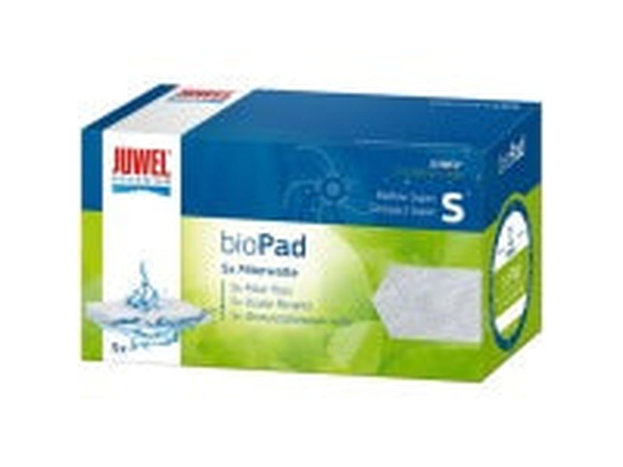Juwel BioPad Poly Pad S-størrelse filterputer i blå og grønn eske med hvit polyesterfilter.