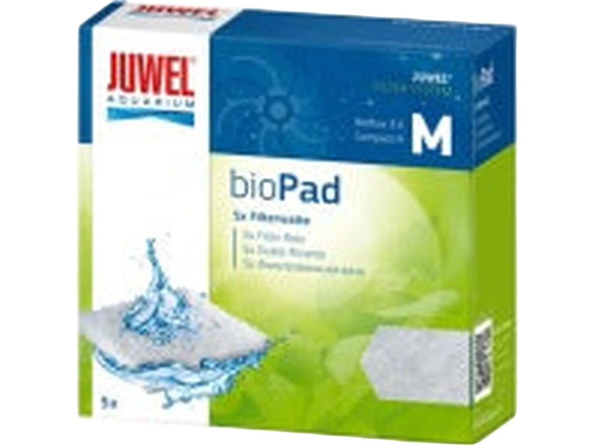 Juwel BioPad Poly Pad filtermedium, størrelse M, i blå og grønn eske med vannsprut-grafikk.