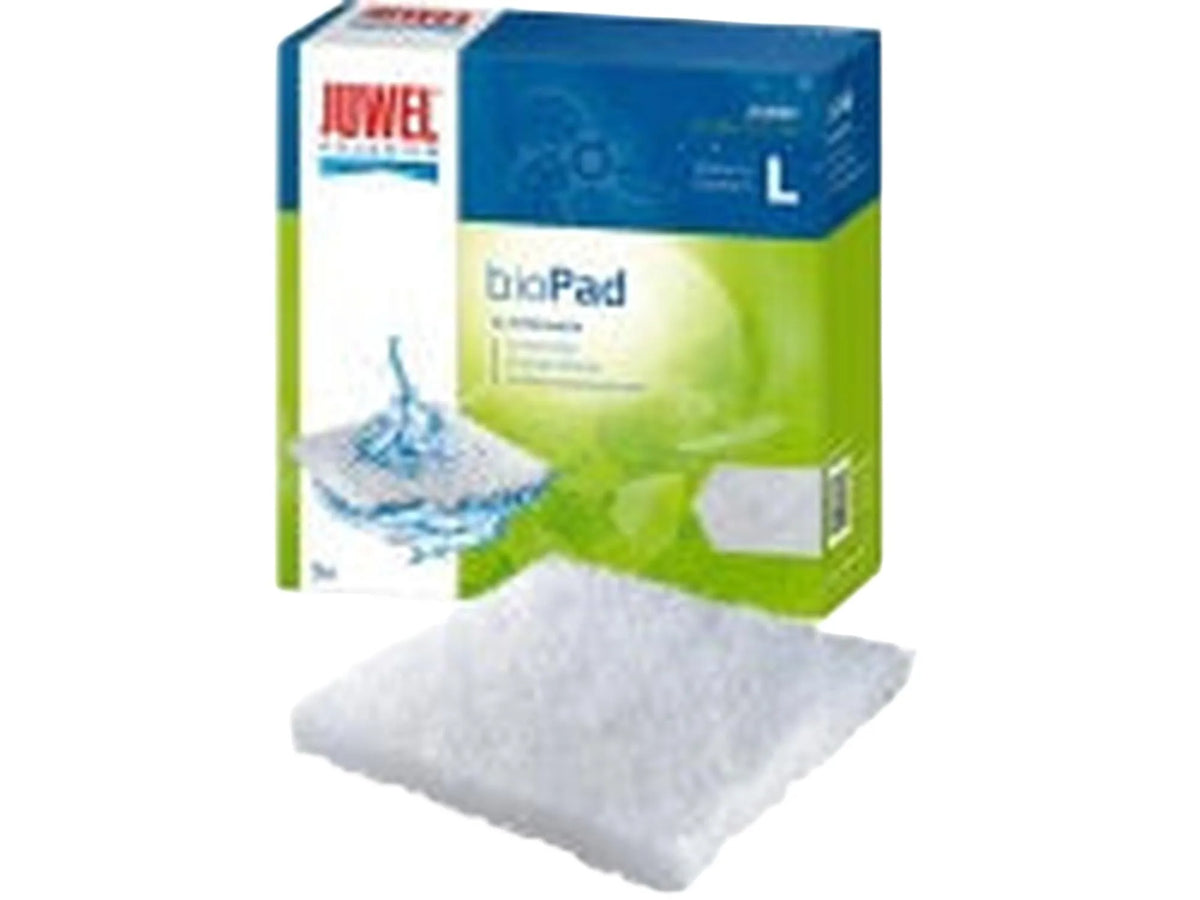 Juwel BioPad Poly Pad L, hvit polyester filterpute for akvarier, med blå og grønn emballasje.