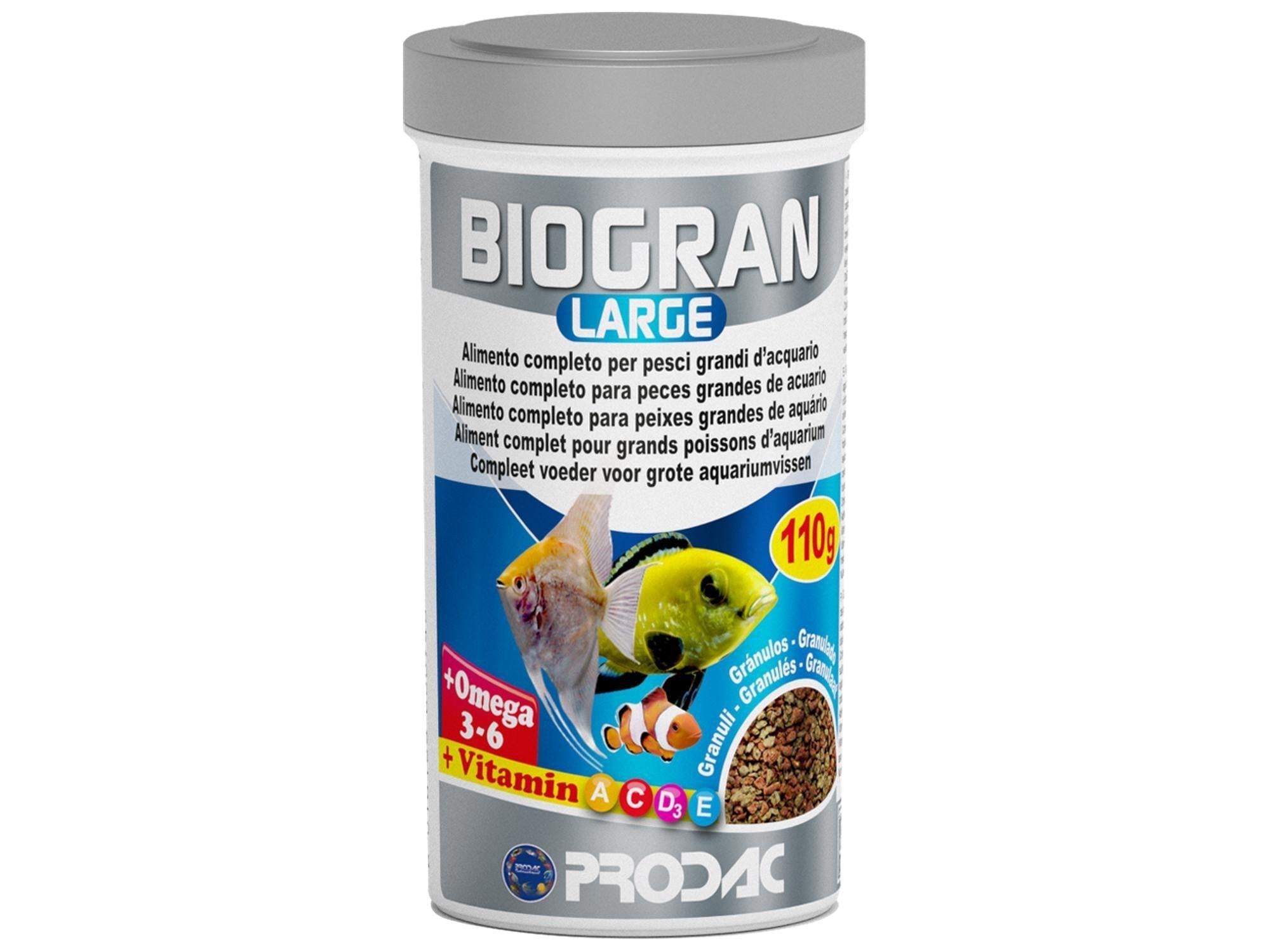 Biogran Large Granules 110gr fiskefôr i en hvit beholder med fargerik etikett og fiskebilder.