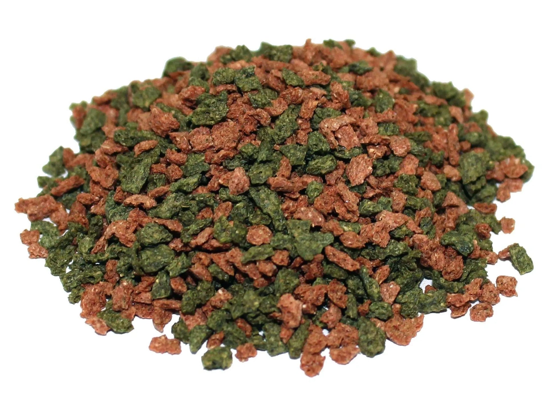 Biogran Marine granulat fôr for saltvannsfisk, med grønne og brune pellets.