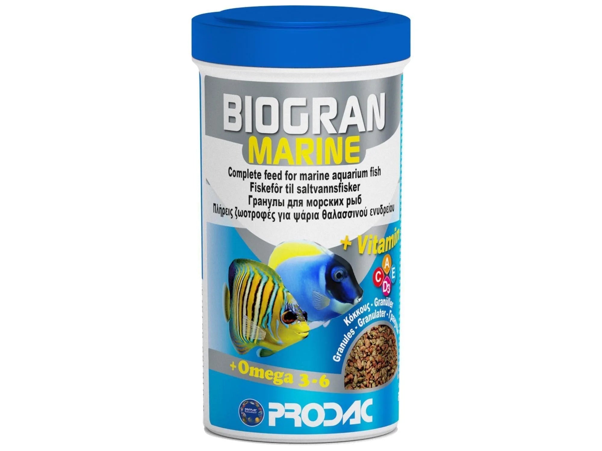 Biogran Marine 100gr fiskefôr i hvit beholder med blått lokk, viser marinefisk og granulat.