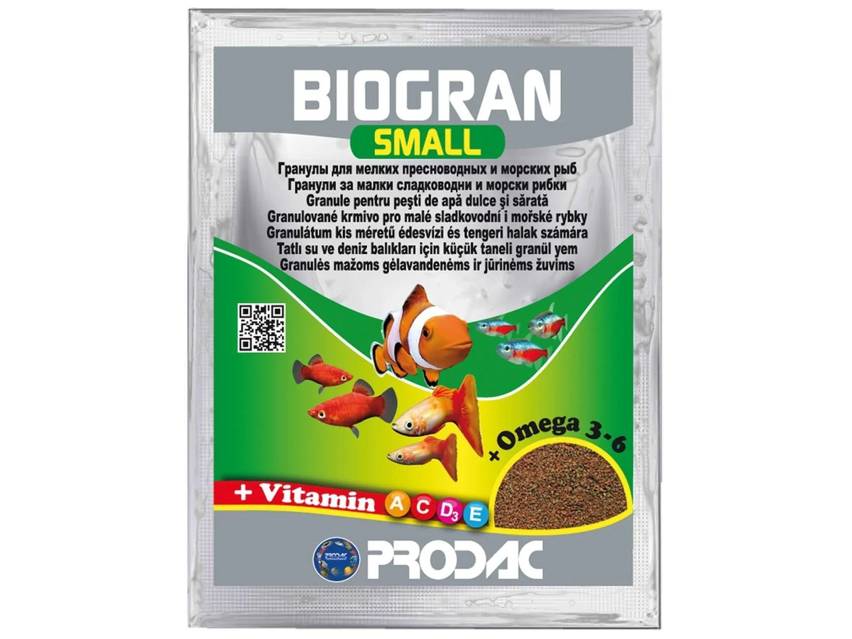 Biogran Small granules fish food in a silver and green pouch with colorful fish.