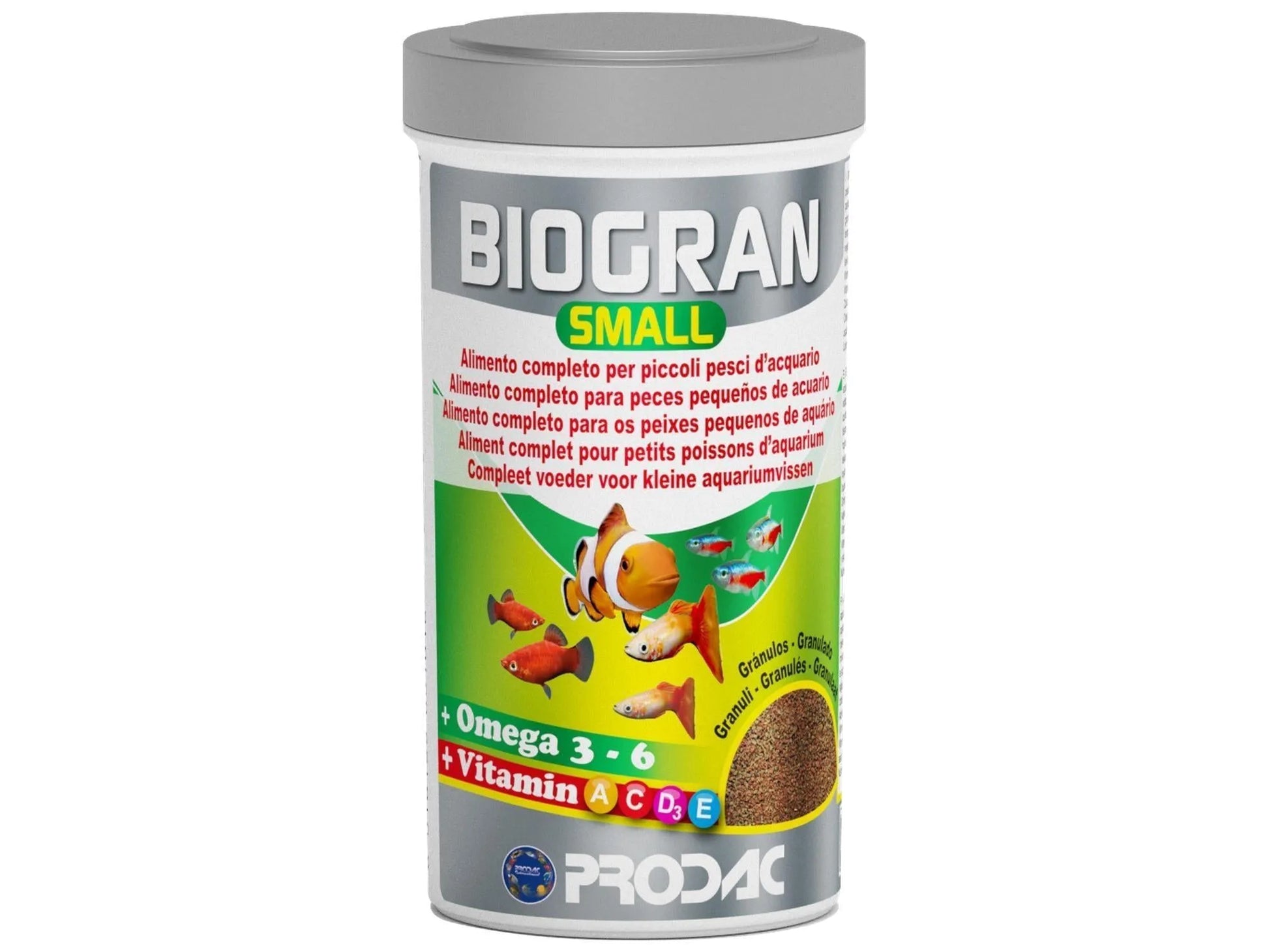 Biogran Small Granules fiskefôr i en hvit beholder med grått lokk, med fargerik etikett som viser fisk og granulat.