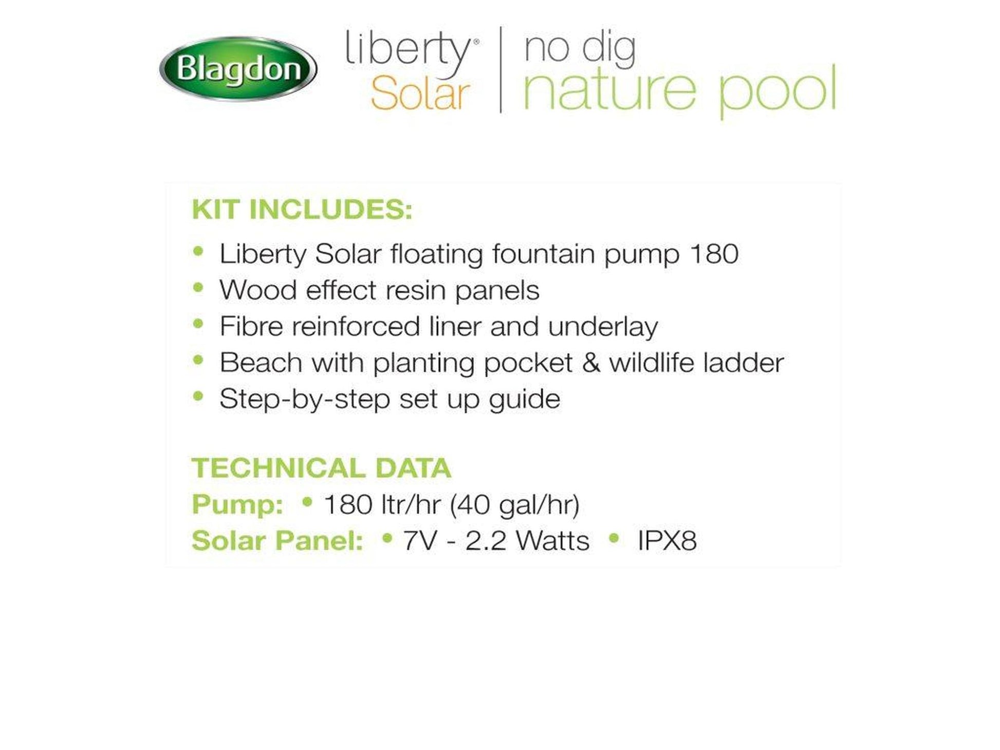 Blagdon Liberty Solar naturbasseng med oversikt over komponenter, solcellefontene og tekniske spesifikasjoner.