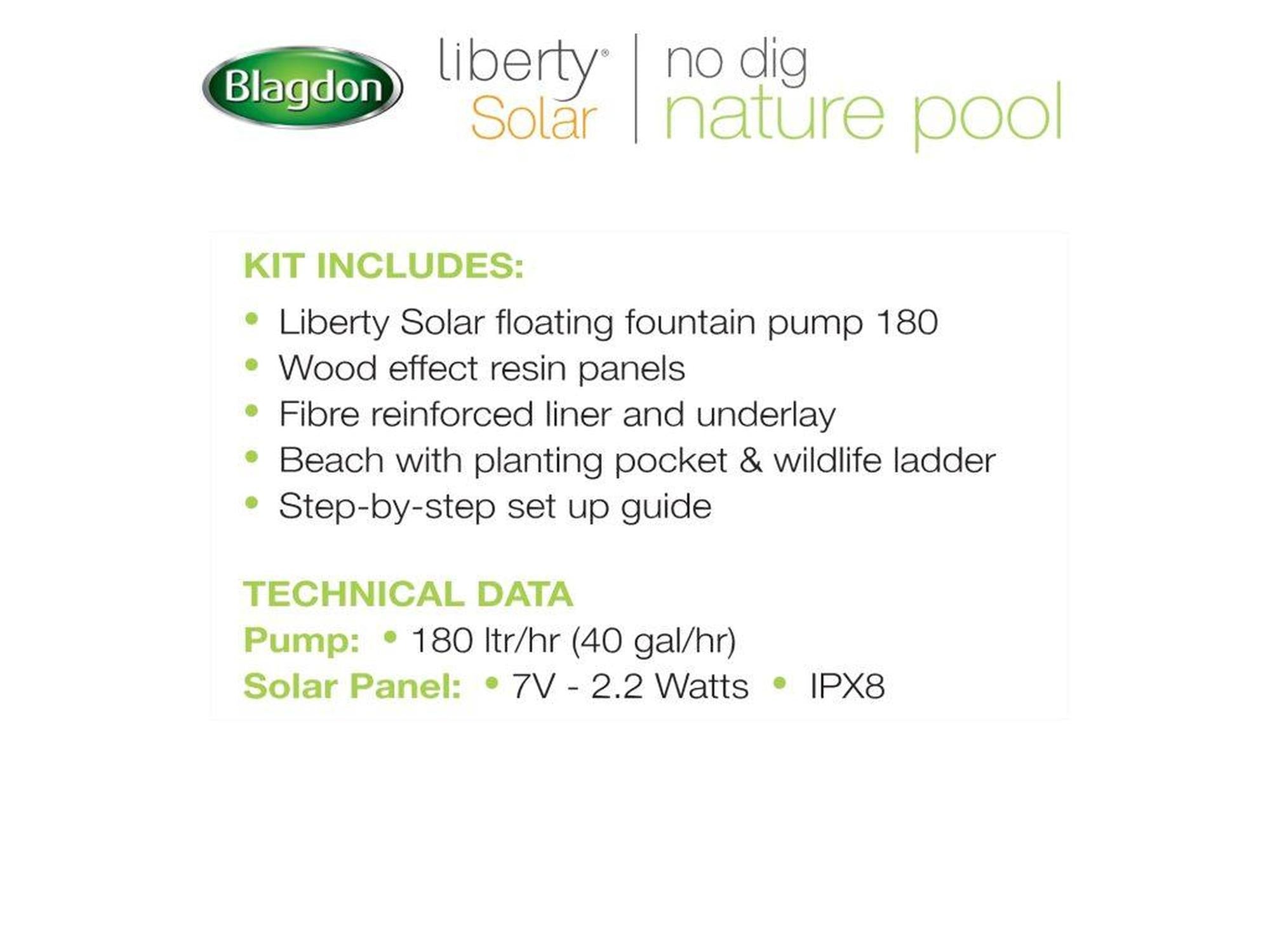 Blagdon Liberty Solar naturbasseng med oversikt over komponenter, solcellefontene og tekniske spesifikasjoner.