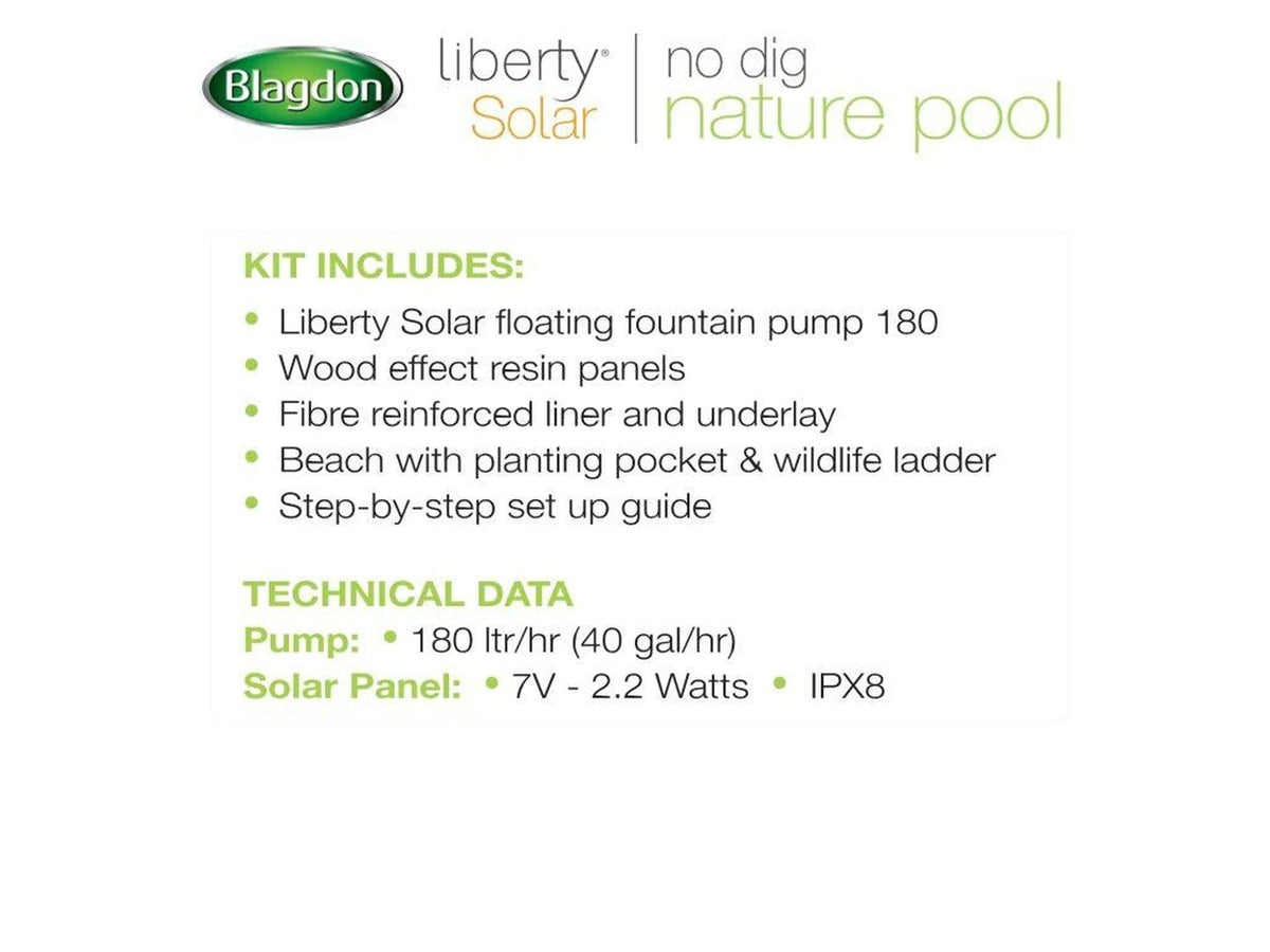 Blagdon Liberty Solar naturbasseng med oversikt over komponenter, solcellefontene og tekniske spesifikasjoner.