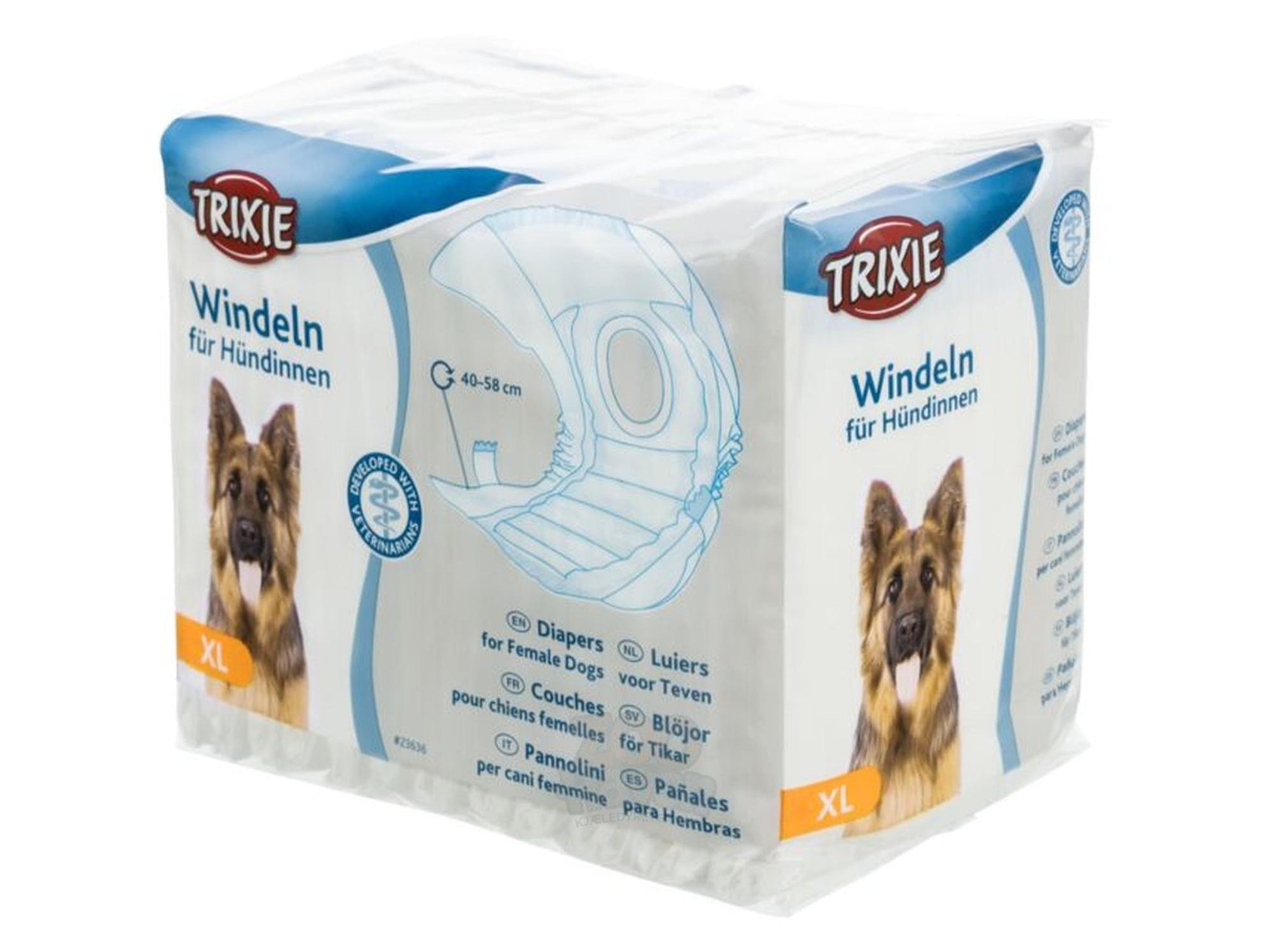 Trixie engangsbleier for tisper, XL-størrelse, med bilde av schæferhund og bleiediagram.