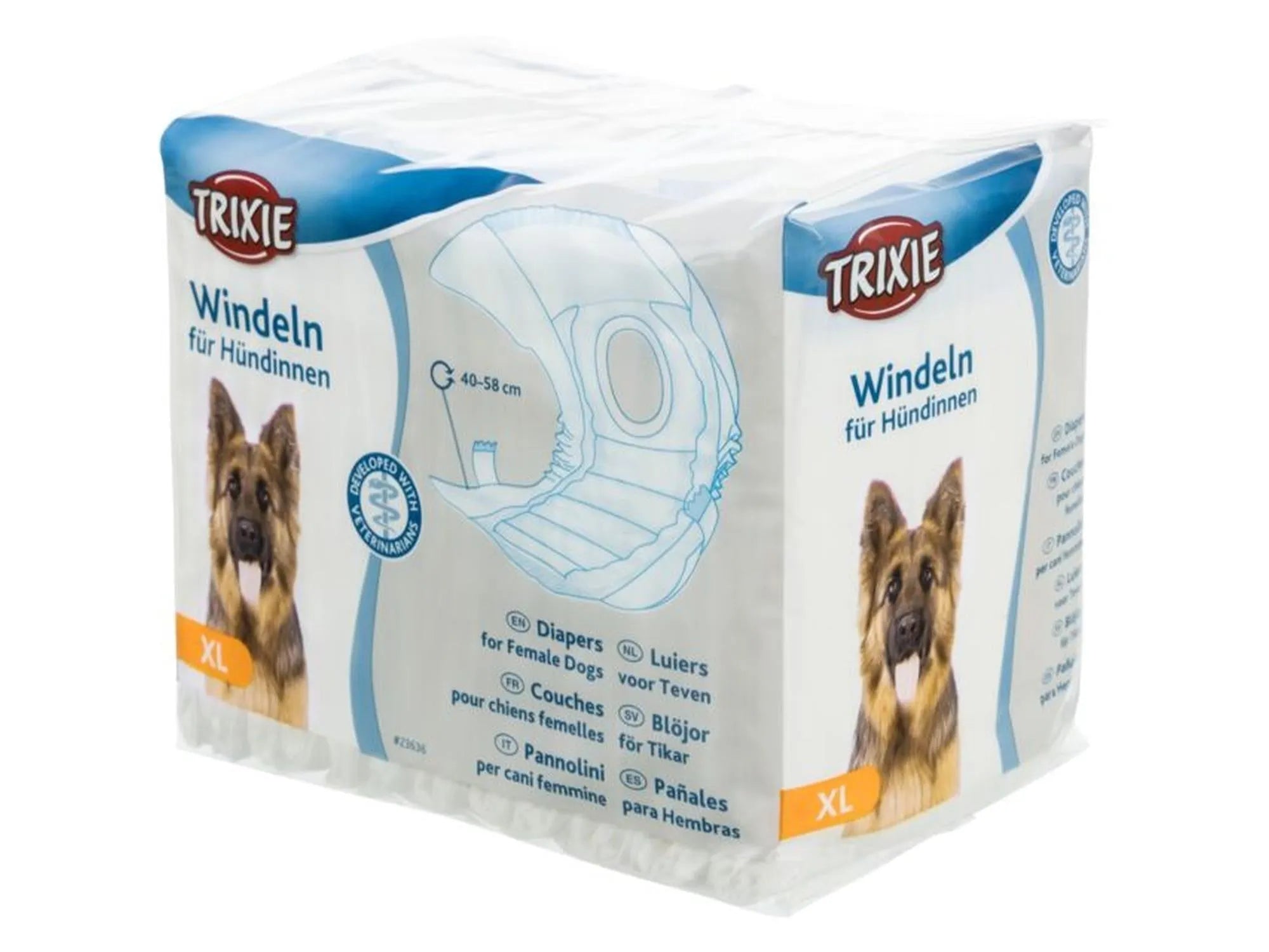 Trixie engangsbleier for tisper, XL-størrelse, med bilde av schæferhund og bleiediagram.
