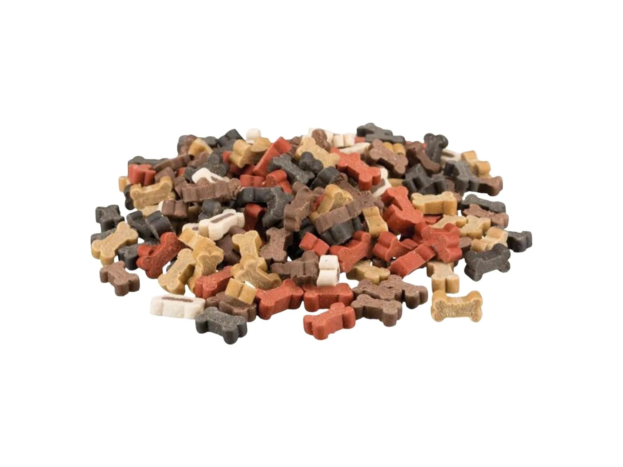 Haug med små, beinformede hundesnacks i brun, rødbrun, beige og mørkegrå farger.