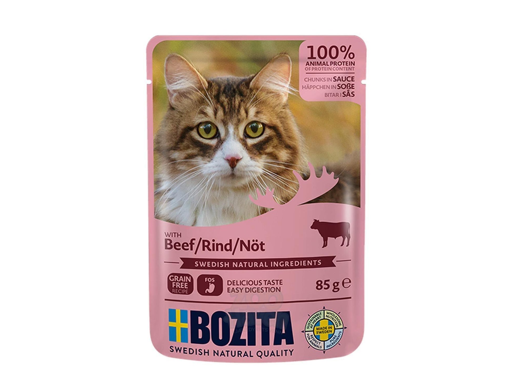 Bozita Beef Chunks in Sauce 85gr våtfôr for katt, rosa pose med katt og storfekjøtt.