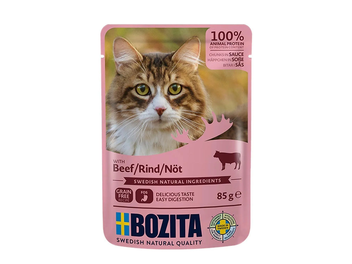 Bozita Beef Chunks in Sauce 85gr våtfôr for katt, rosa pose med katt og storfekjøtt.