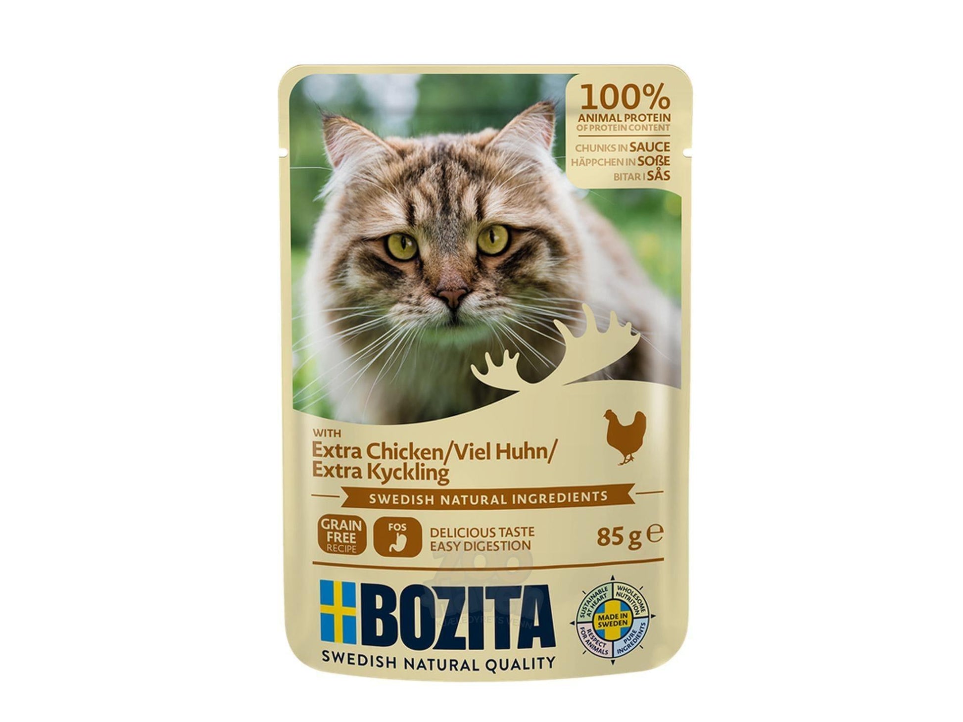 Bozita Chicken Chunks in Sauce 85gr våtfôr for katt, med bilde av en langhåret katt på beige emballasje.