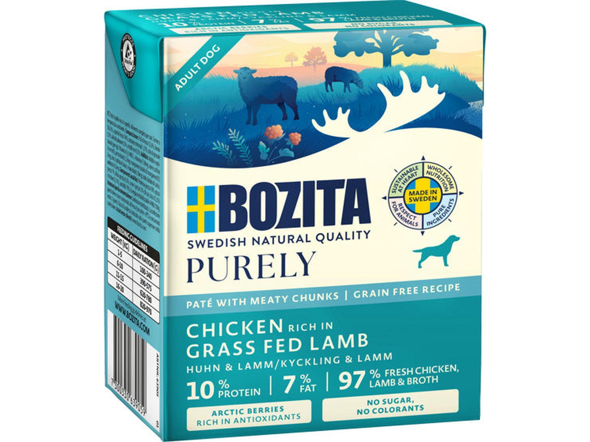 Bozita Dog Purely Pate Kylling og Lam 370g våtfôr i en blå og hvit kartong med sauer og hundemotiv.