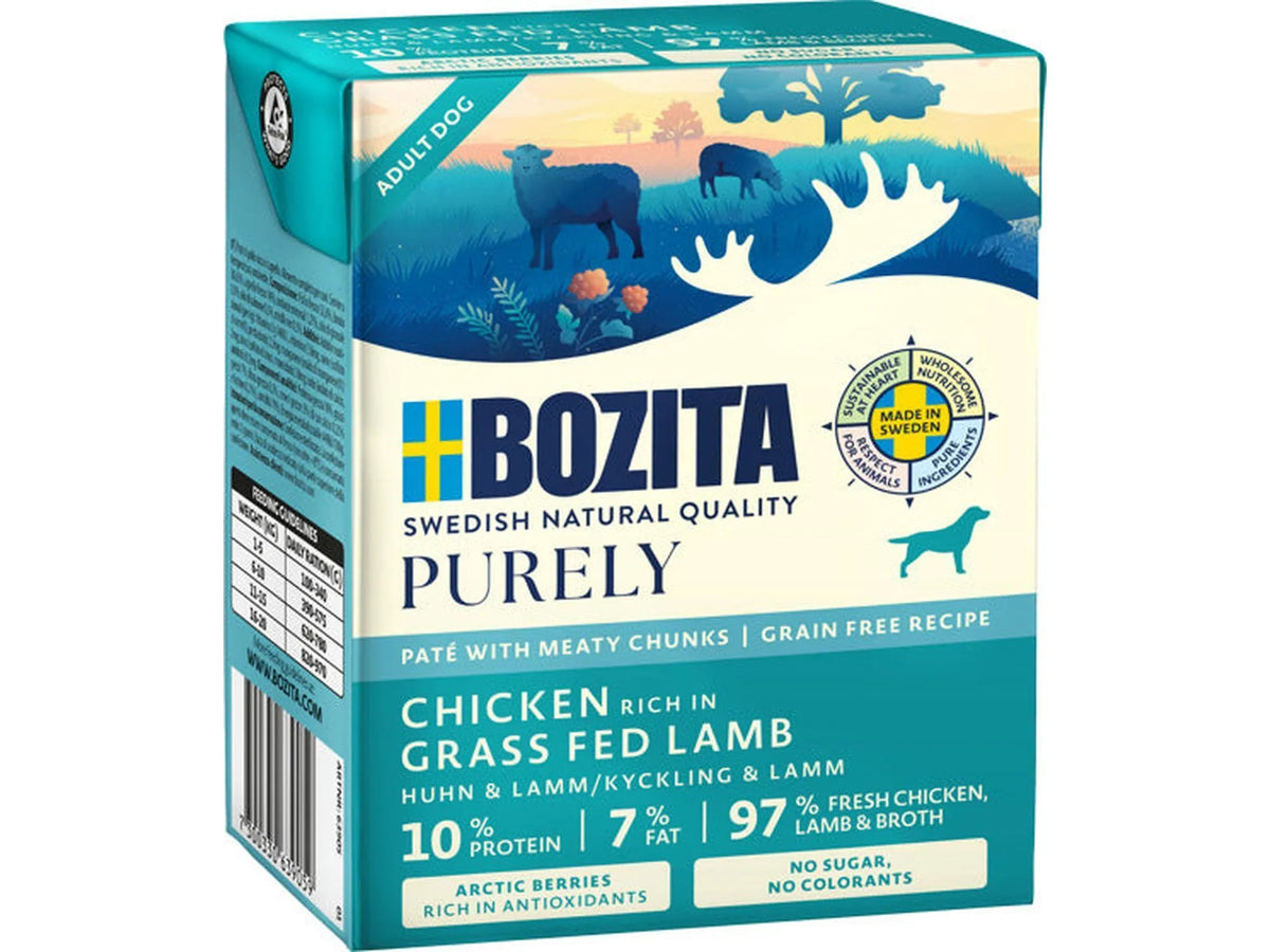 Bozita Dog Purely Pate Kylling og Lam 370g våtfôr i en blå og hvit kartong med sauer og hundemotiv.