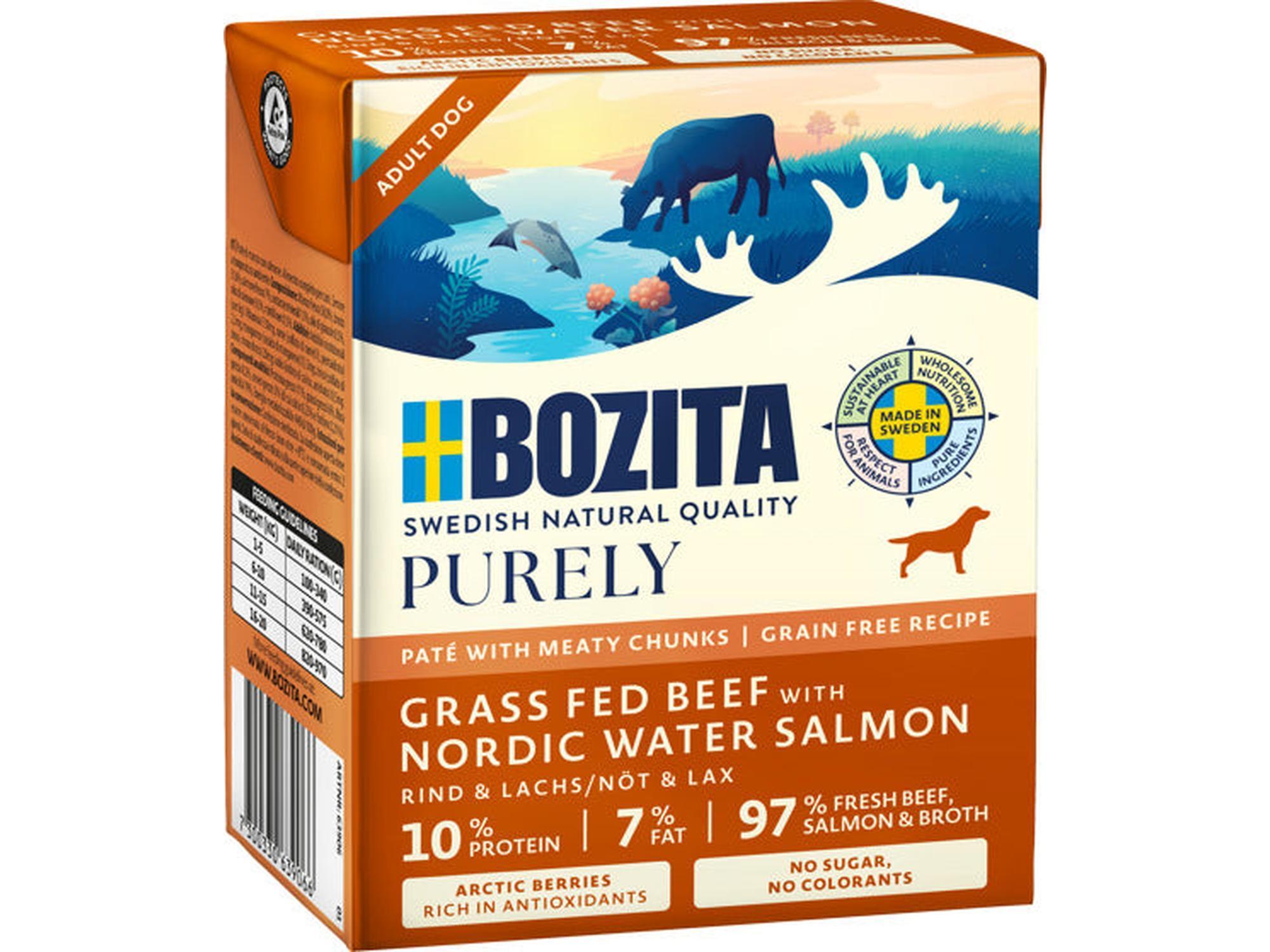 Bozita Purely Pate hundefôr i oransje kartong med illustrasjon av ku, laks og elg.