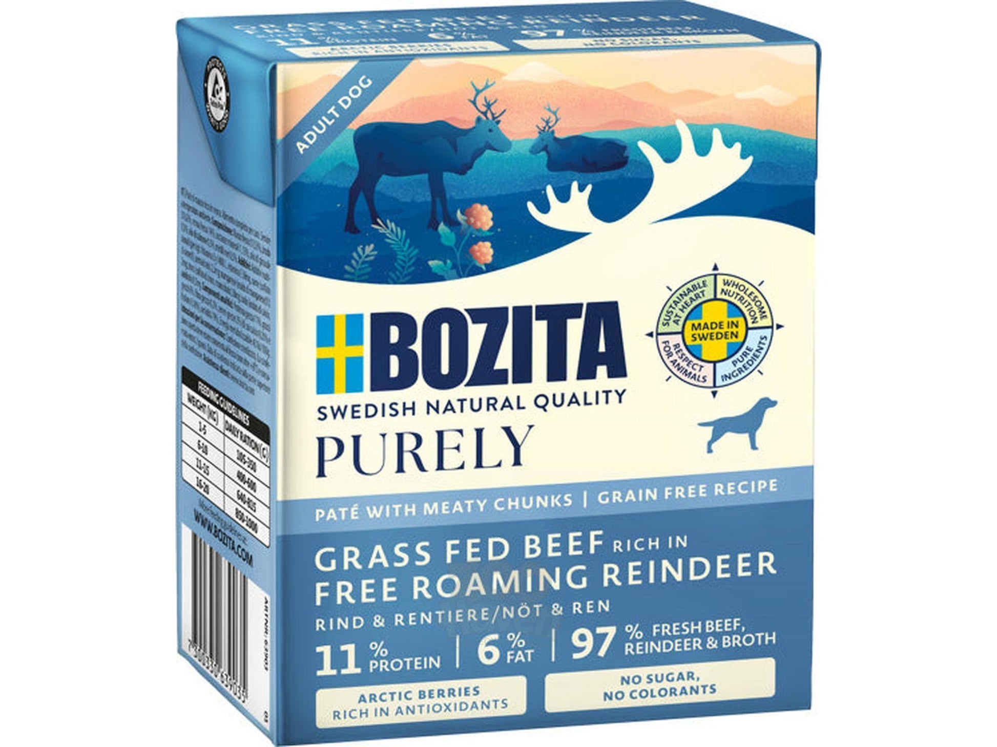 Bozita Purely Pate hundefôr i blå kartong med reinsdyrillustrasjon og ernæringsdetaljer.