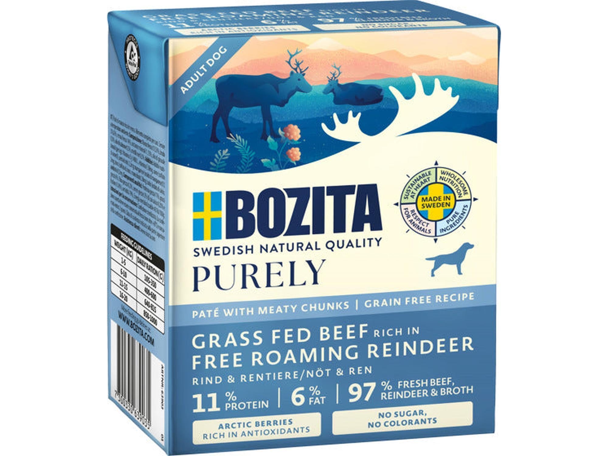 Bozita Purely Pate hundefôr i blå kartong med reinsdyrillustrasjon og ernæringsdetaljer.