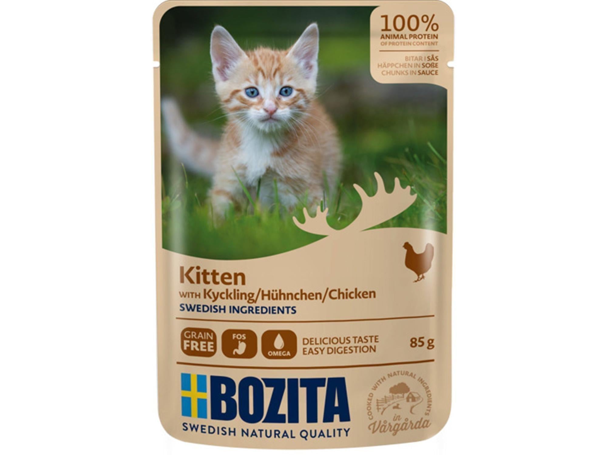 Bozita Kitten Chicken Chunks in Sauce våtfôr 85g porsjonspose med kattungebilde.