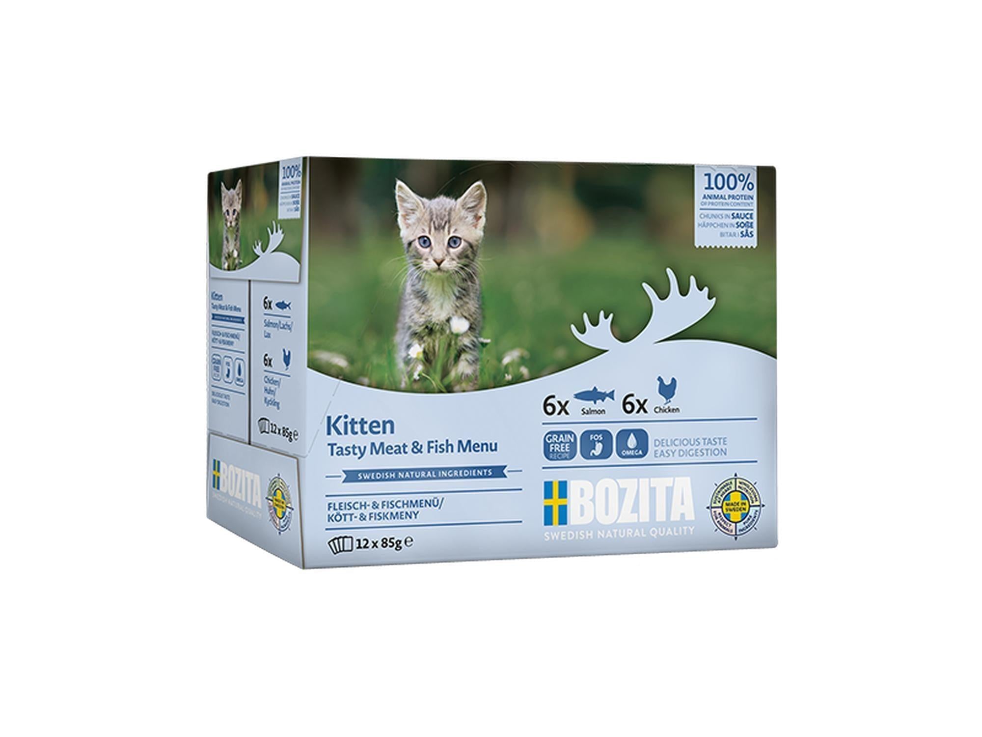 Bozita Kitten våtfôr i eske med 12x85g porsjonspakker, med bilde av en grå kattunge.