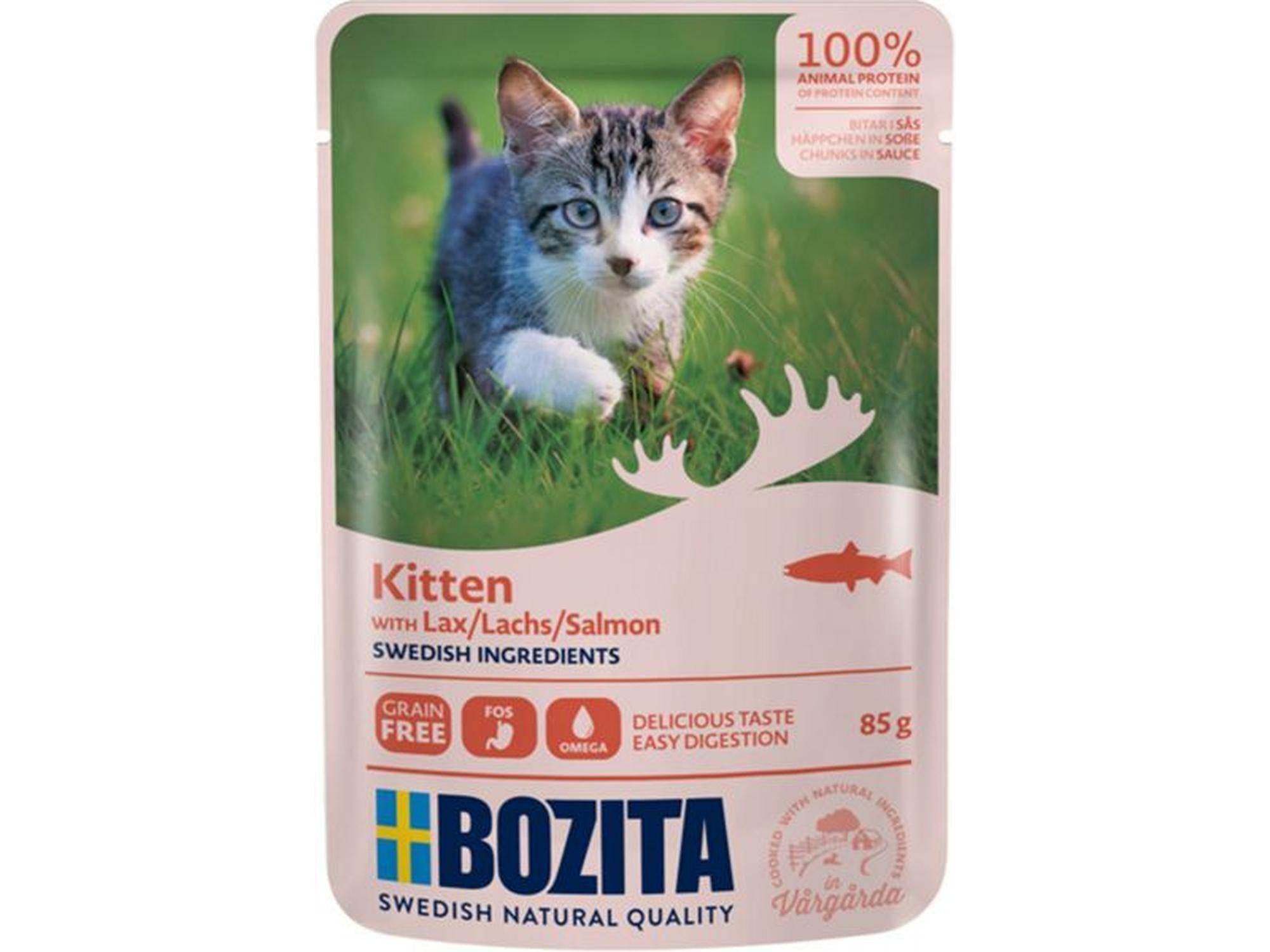 Bozita Kitten våtfôr med laks i saus, 85g pose med kattunge og grønn bakgrunn.