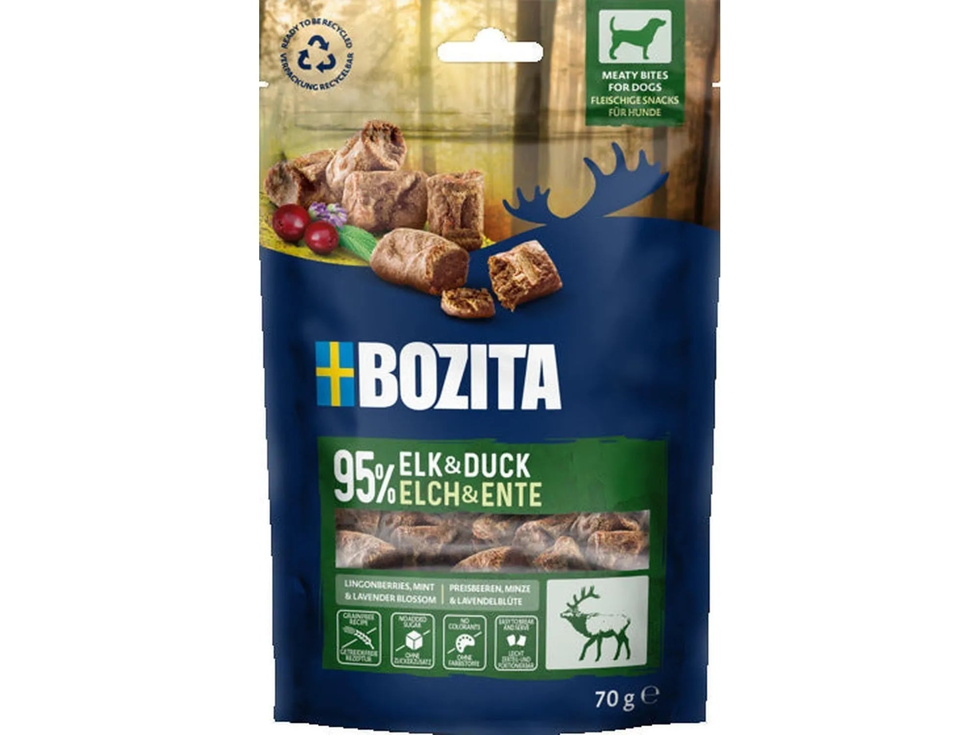 Bozita Meaty Bites Elk & Duck 70g myke hundegodbiter med elg og and
