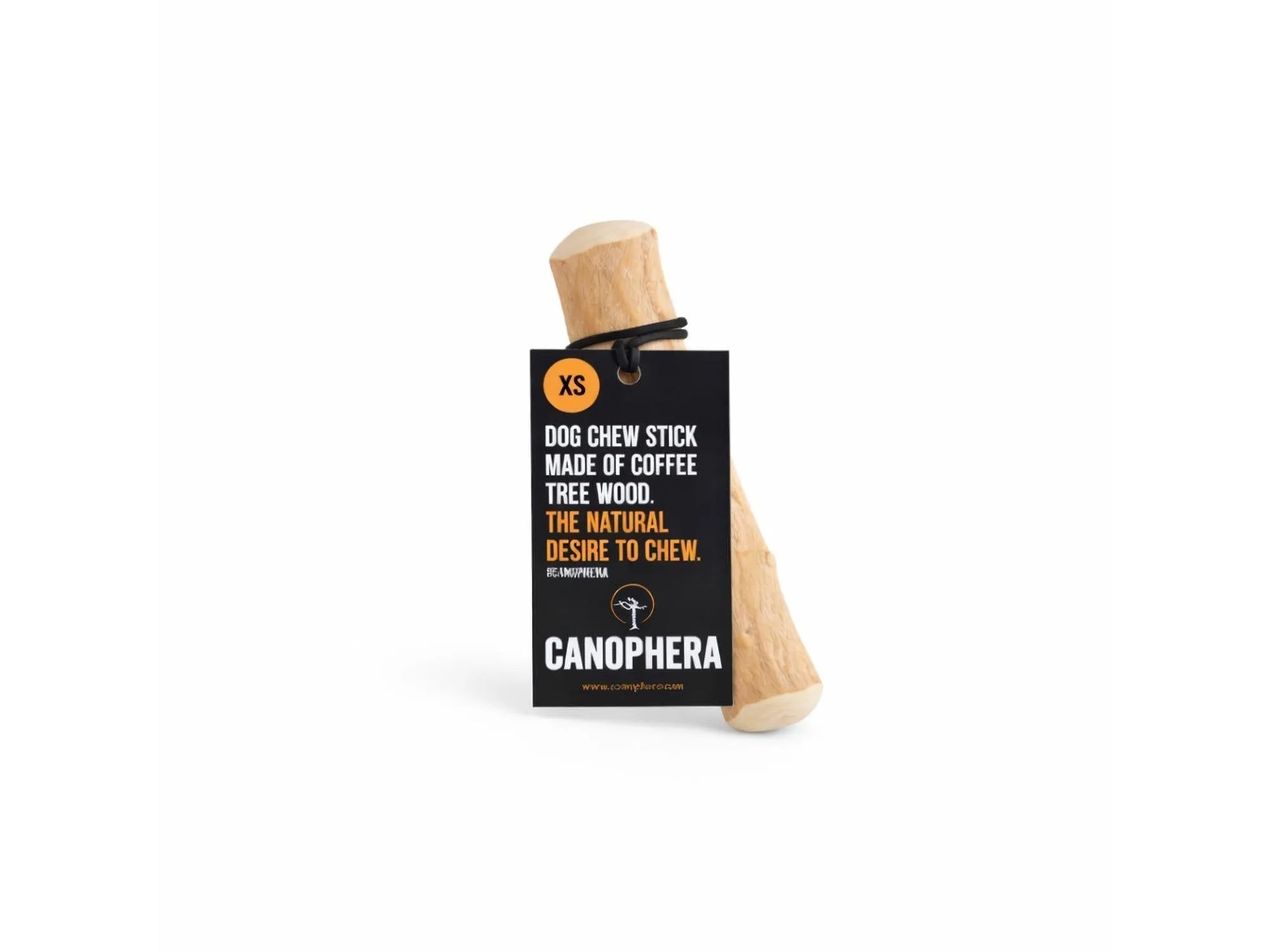 Canophera XS tyggepinne i lyst kaffetre med svart merkelapp.
