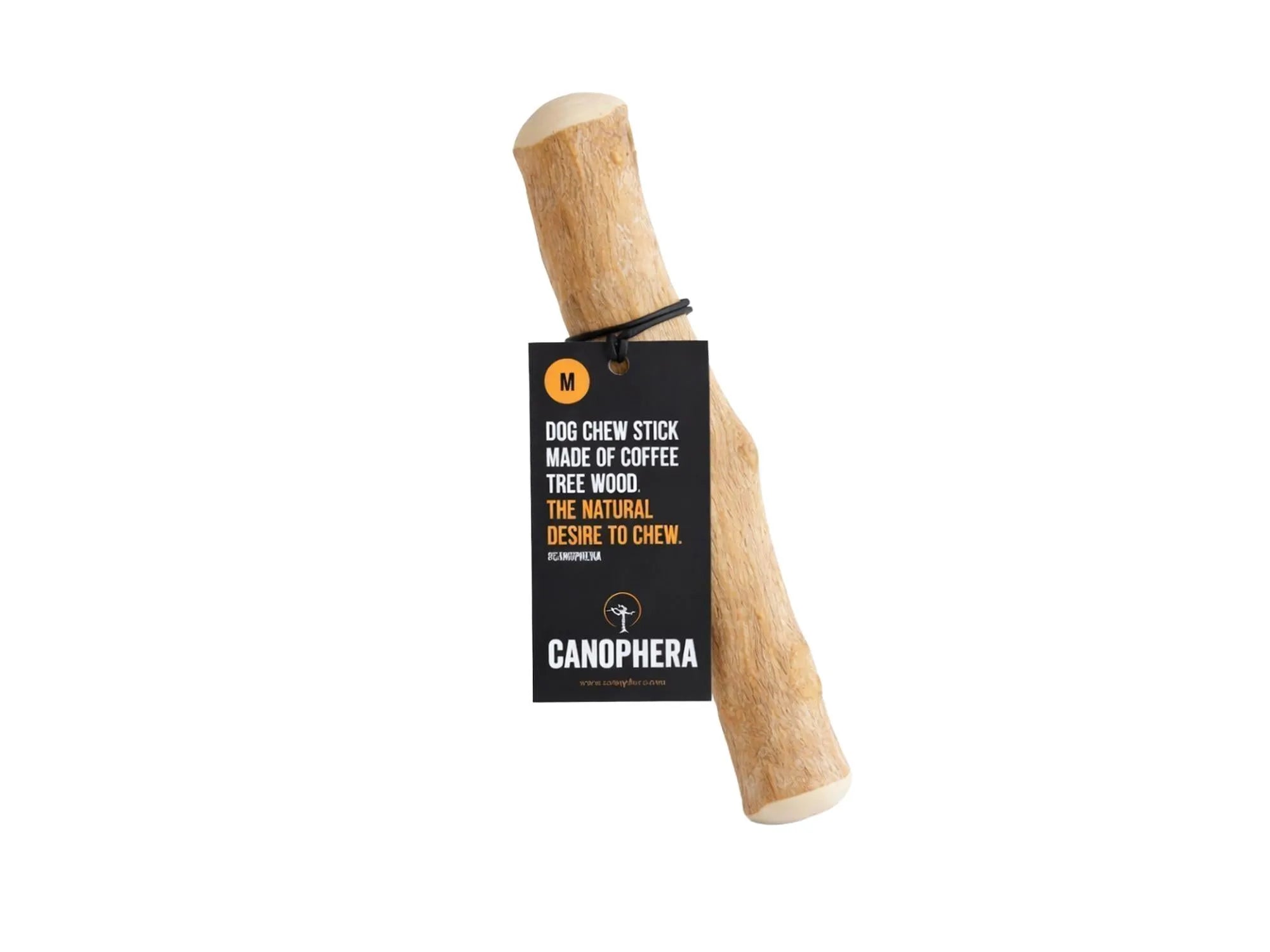 Canophera tyggepinne i kaffetre, naturlig trepinne med svart M-merket produktetikett.