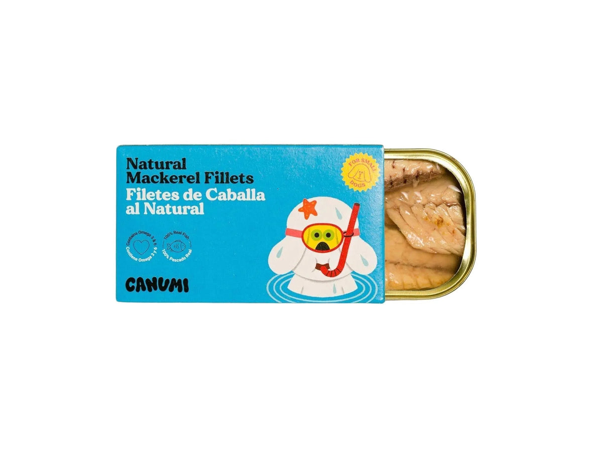 Canumi Mini makrellfilet til hund – eske og åpen boks
