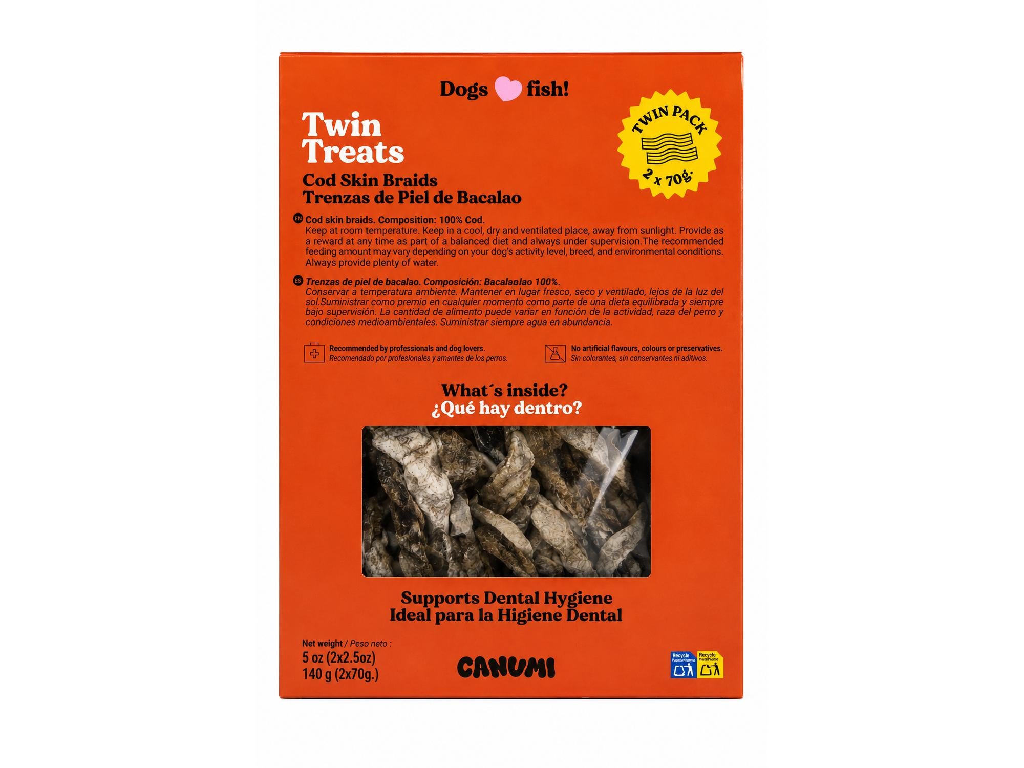Canumi Twin Treats torskeskinnfletter – eske bakside med vindu (2 × 70 g)