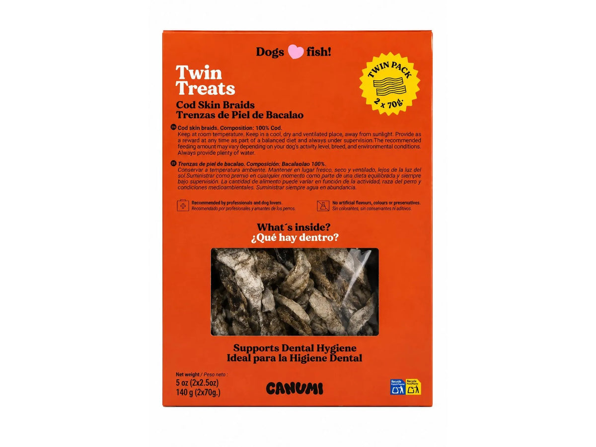 Canumi Twin Treats torskeskinnfletter – eske bakside med vindu (2 × 70 g)