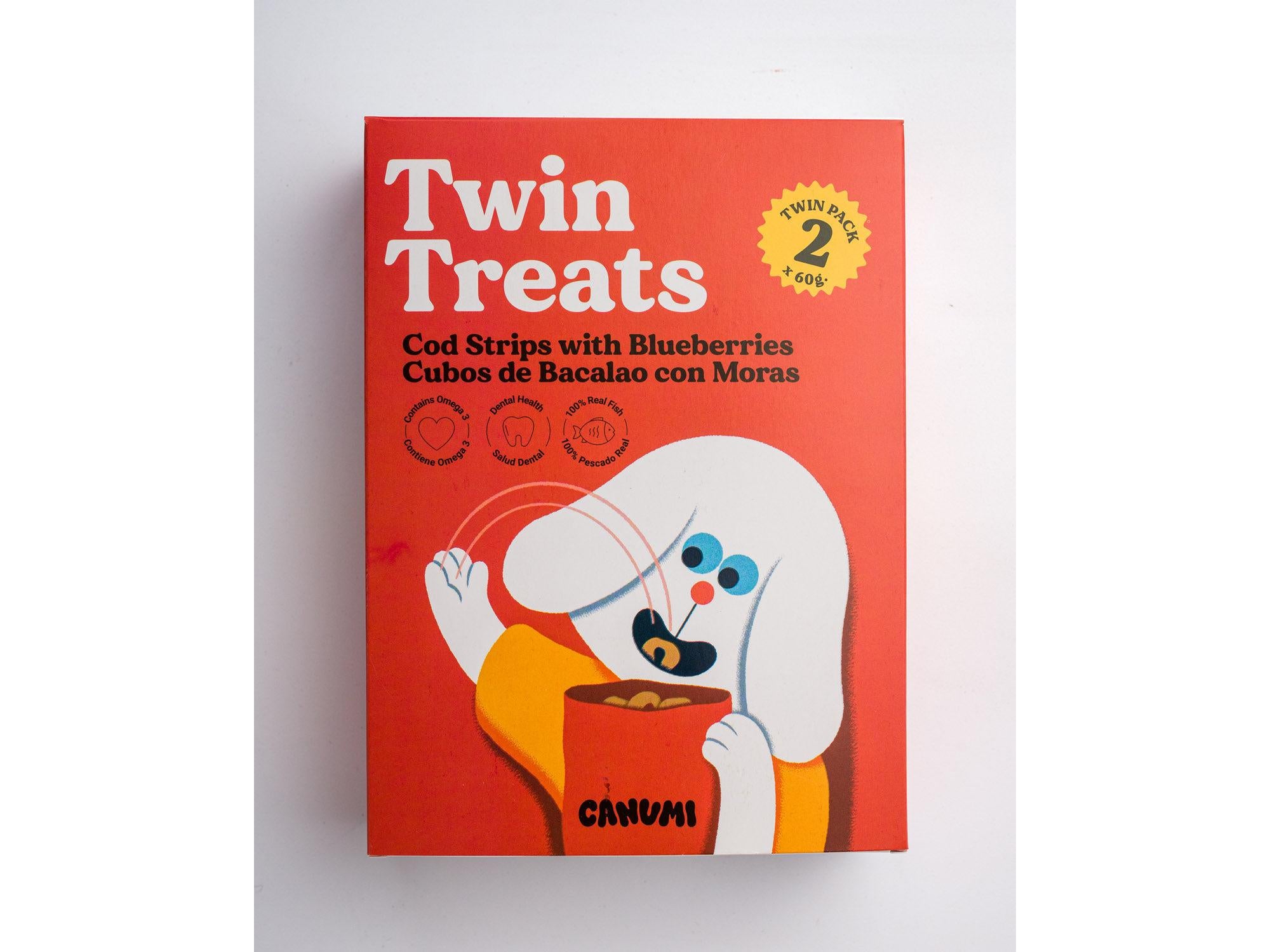 Canumi Twin Treats torskestrimler med blåbær 2-pk – pakke