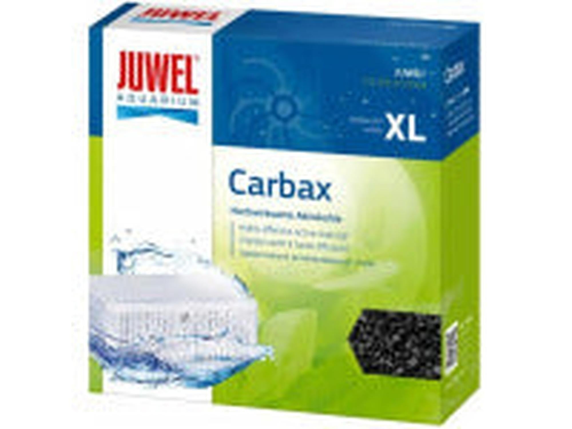 Juwel Carbax XL aktivt kullfilter for akvarier, i blå og hvit eske med vannsprut og kullgranulat.