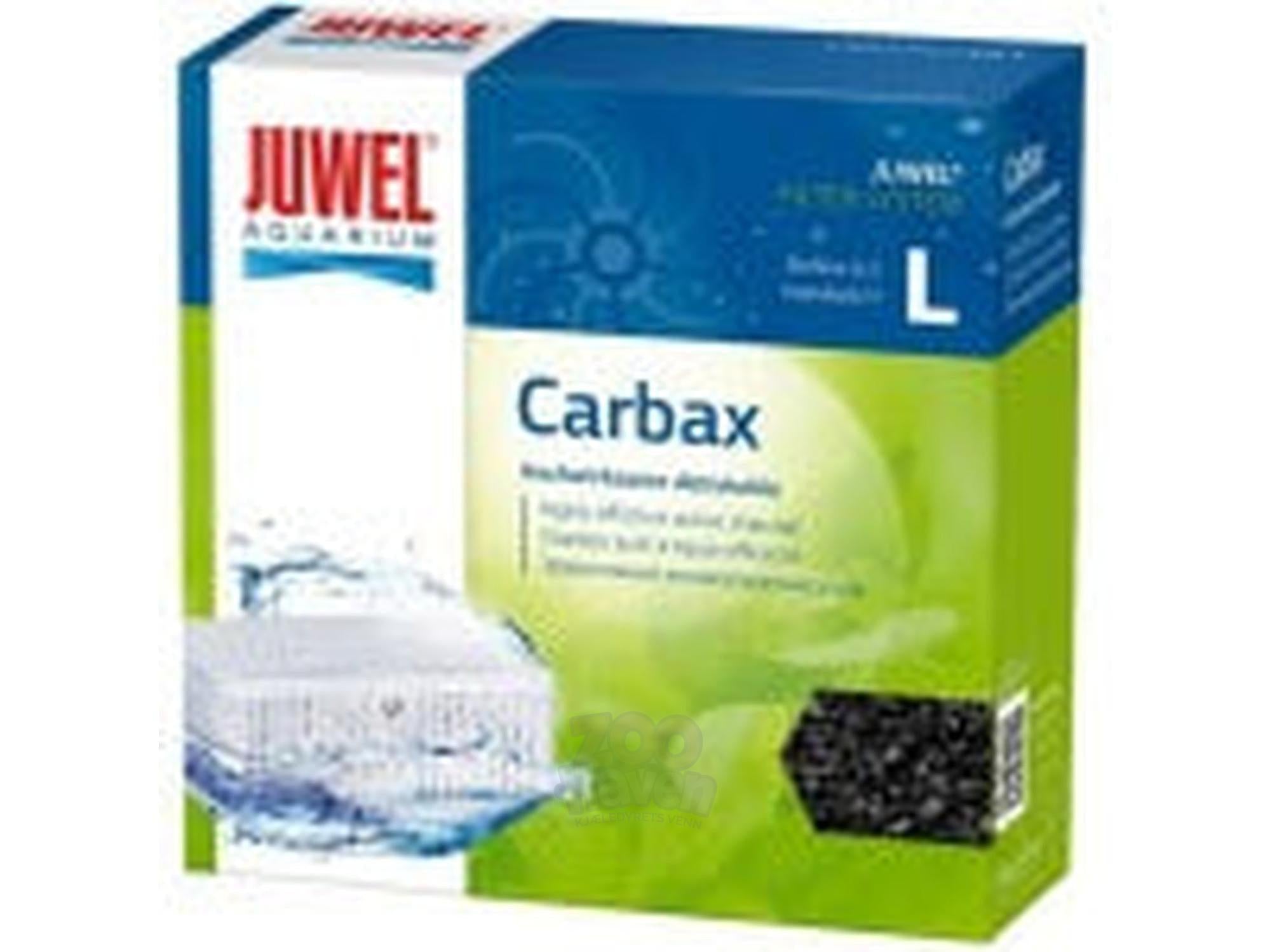 Juwel Carbax aktivt kull filtermedium, størrelse L, i blå og grønn eske med bilde av filter og kull.