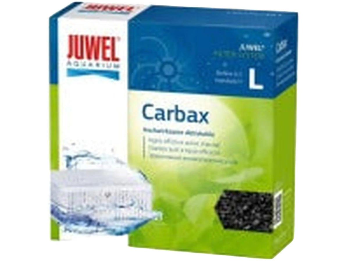 Juwel Carbax aktivt kull filtermedium, størrelse L, i blå og grønn eske med bilde av filter og kull.