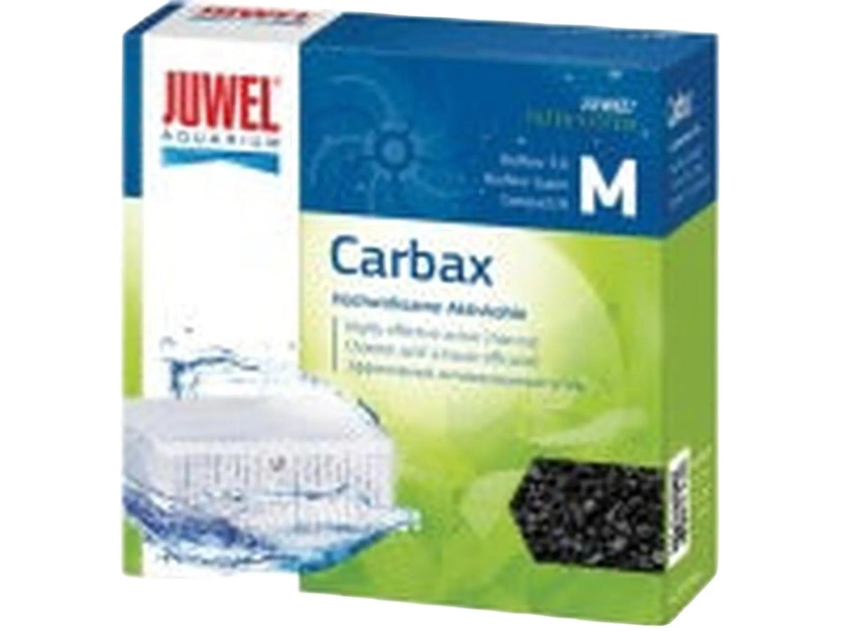 Juwel Carbax Active Coal filtermedium, størrelse M, i grønn og hvit eske med svart kullgranulat.