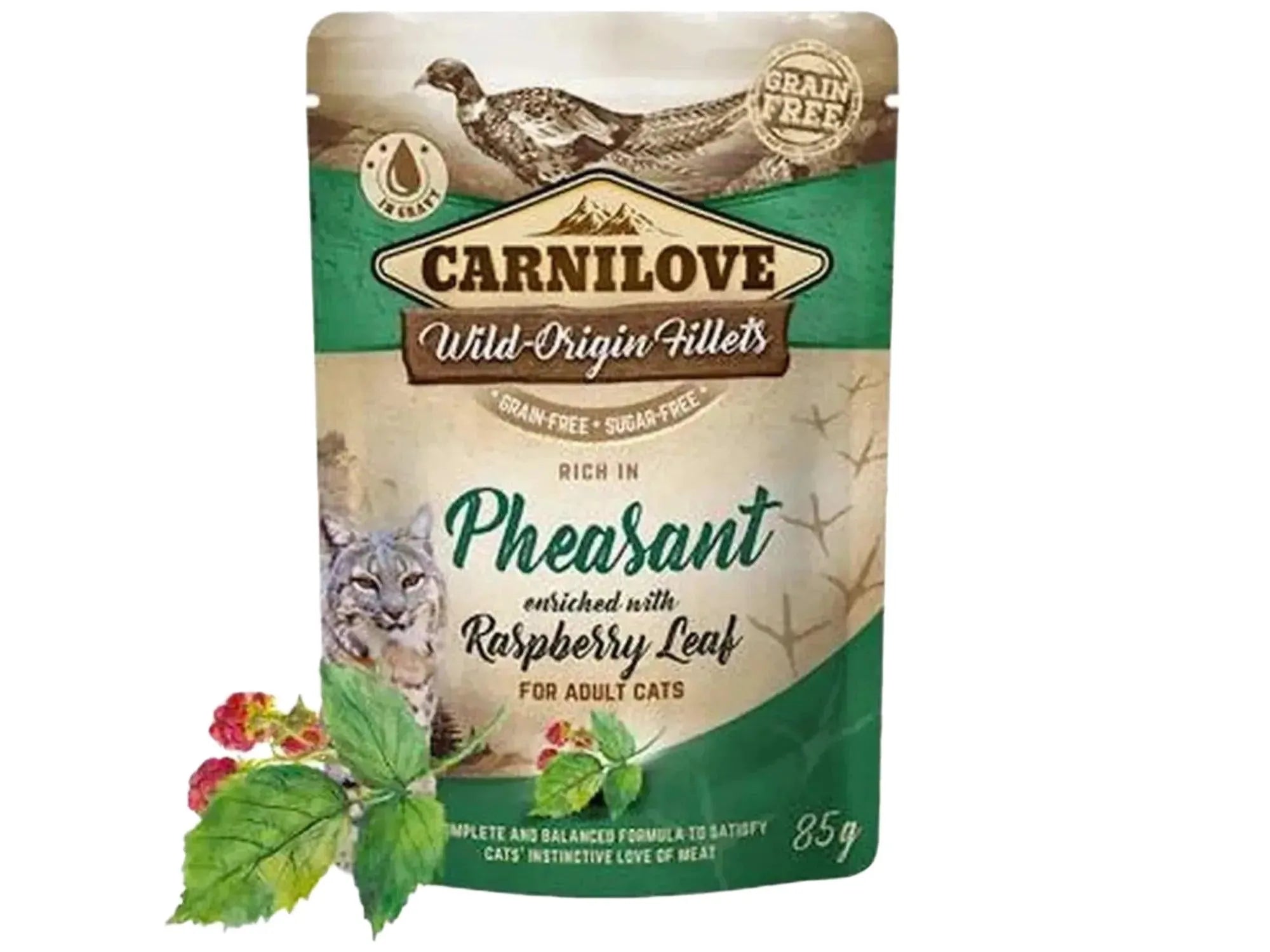Carnilove Cat Pouch Fasan med bringebærblad våtfôr, grønn og beige pose med fasan og katt.