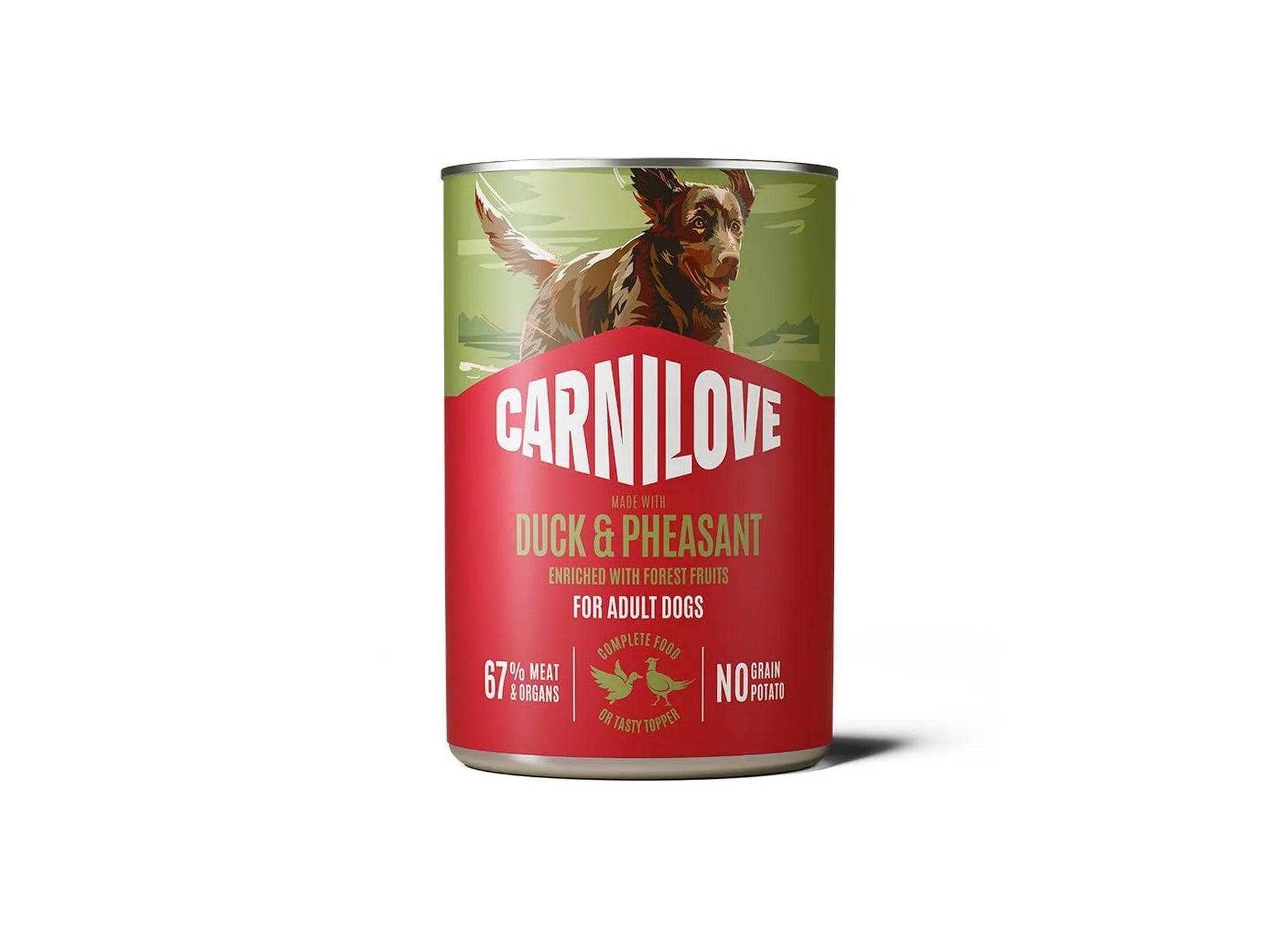 Carnilove Dog Can Paté Duck & Pheasant 400g, grønn og rød boks med hundemotiv.