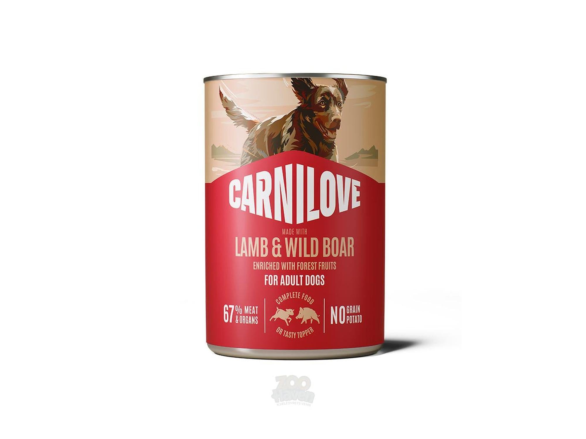 Carnilove våtfôr for voksne hunder, lam & villsvin paté i 400g boks med hundemotiv.