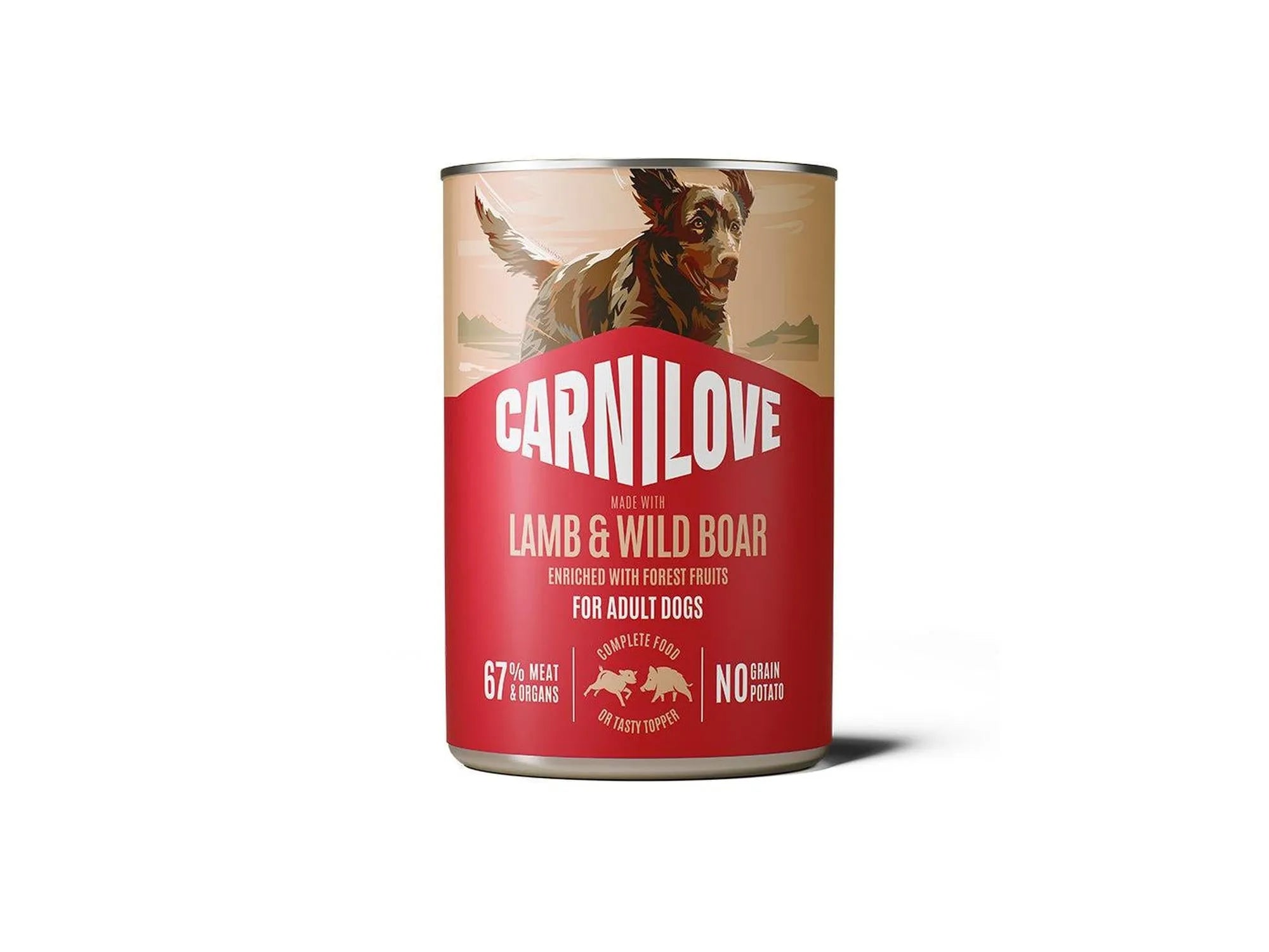 Carnilove våtfôr for voksne hunder, lam & villsvin paté i 400g boks med hundemotiv.