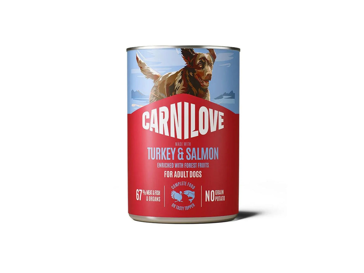 Carnilove Dog Can Paté Salmon & Turkey 400g, blue and red label with a brown dog.