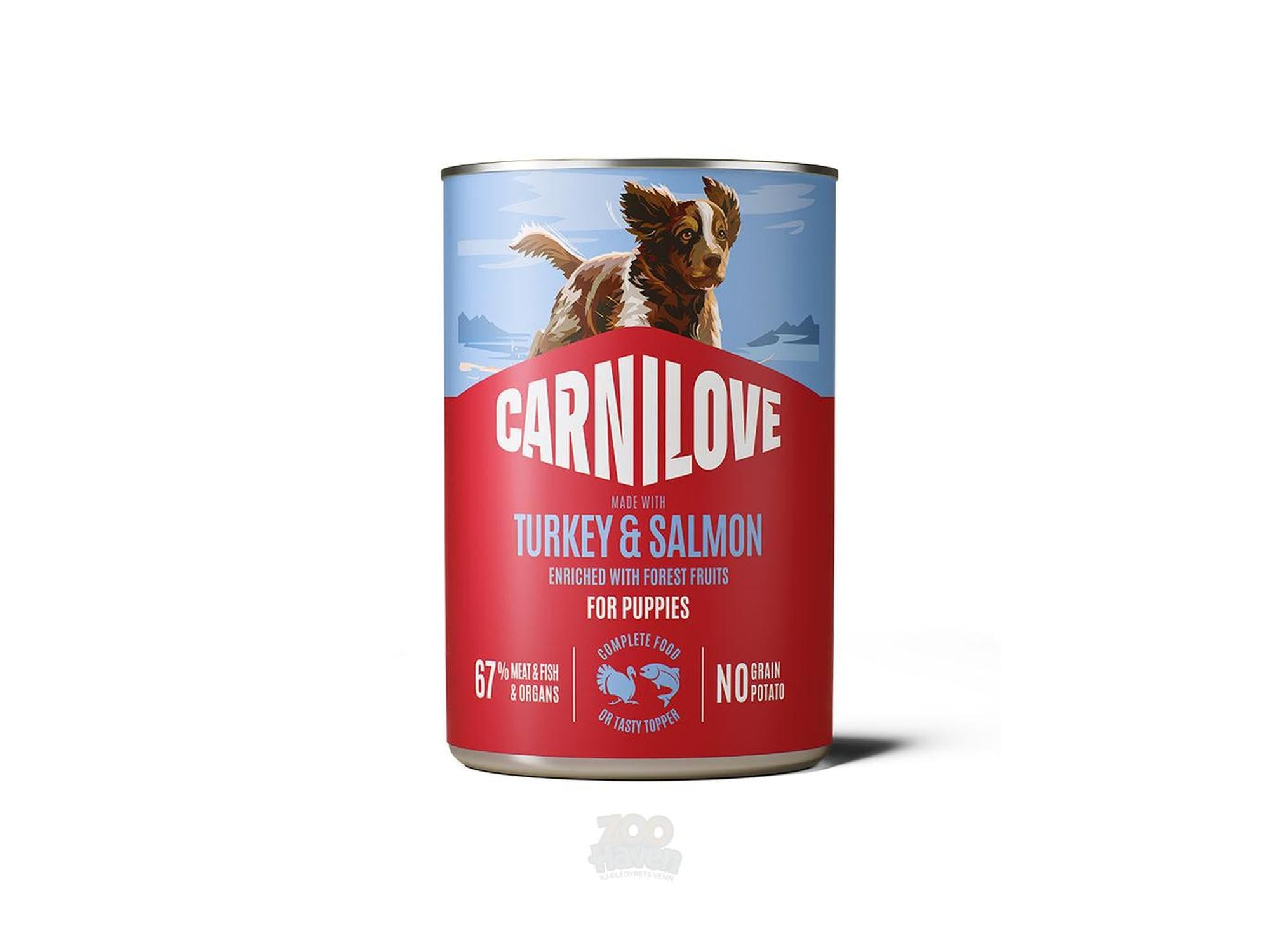 Carnilove puppy pate with turkey and salmon in a 400g can, featuring a dog illustration.